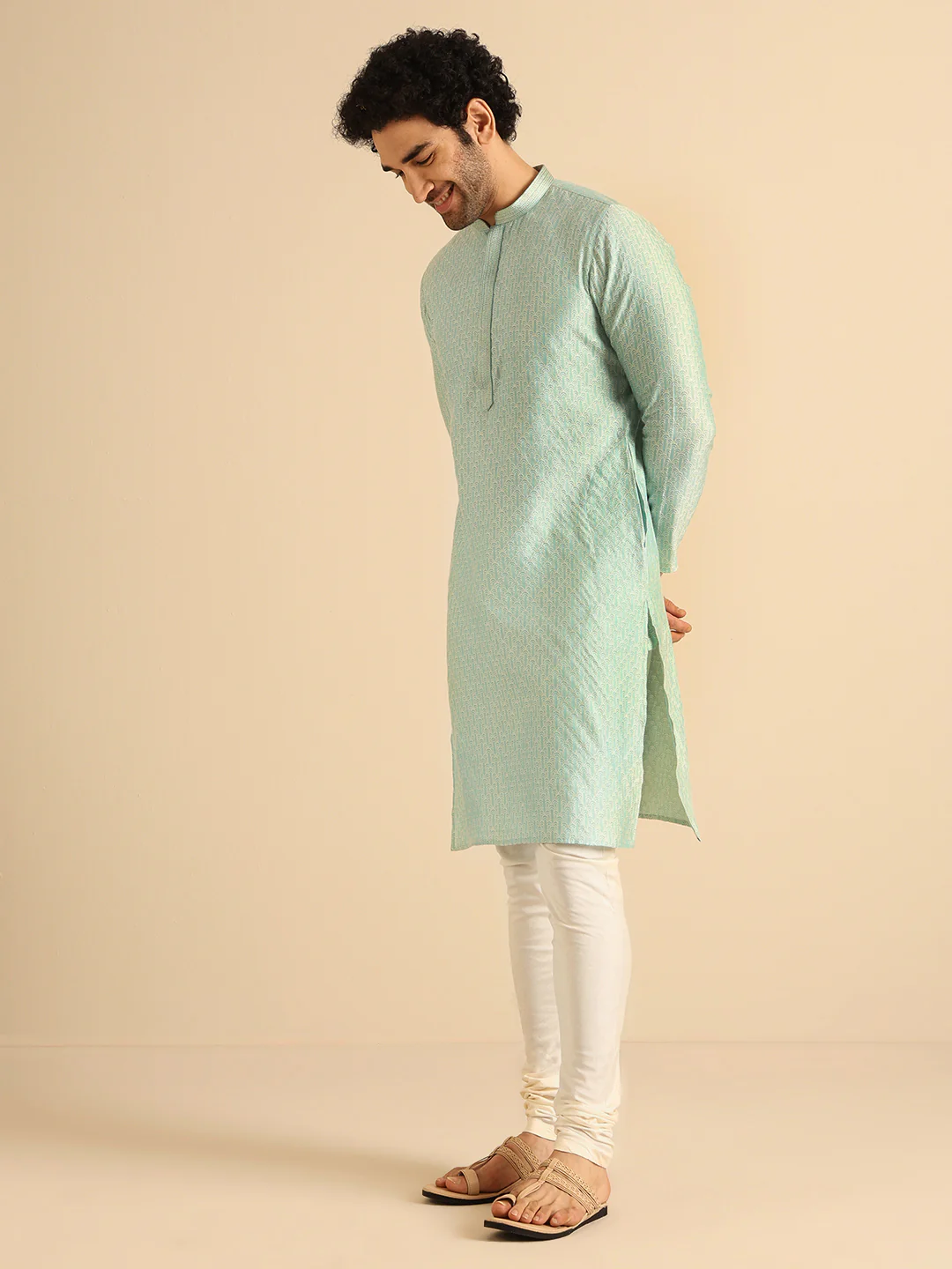 Aqua Green Silk Blend Jacquard Long Kurta - Image 2