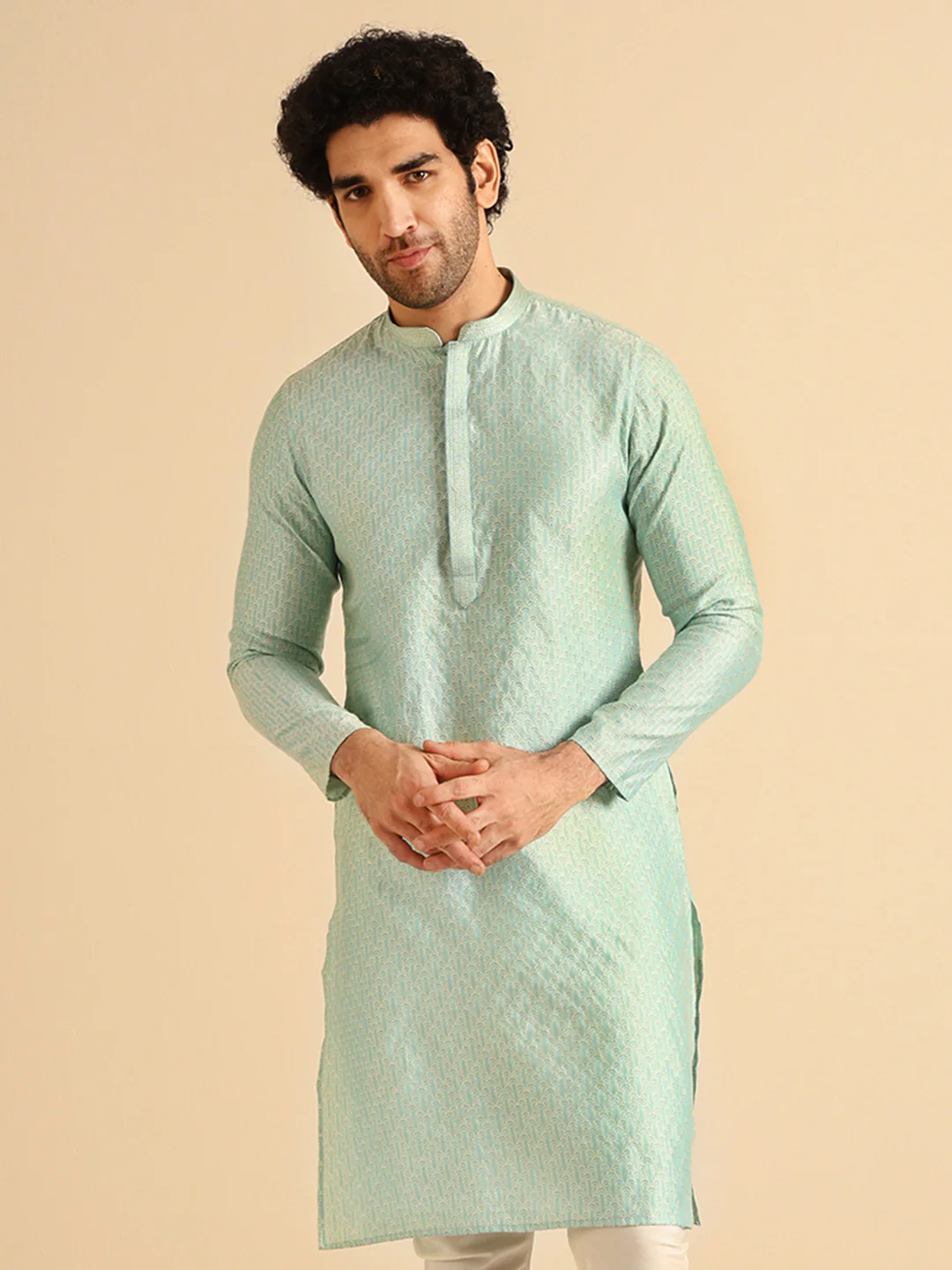 Aqua Green Silk Blend Jacquard Long Kurta - Image 7