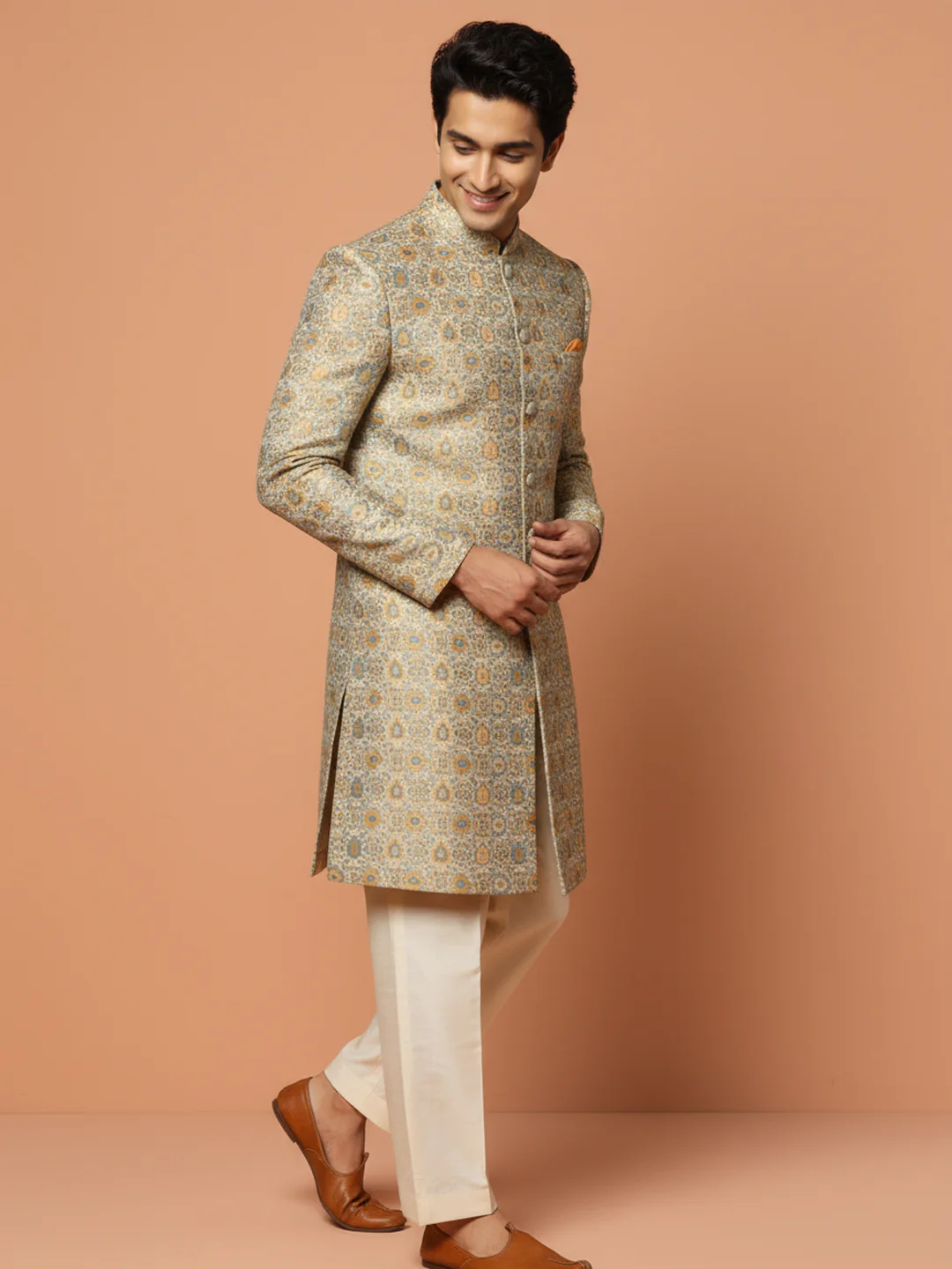 Beige Brocade Sherwani Trouser Set - Image 6
