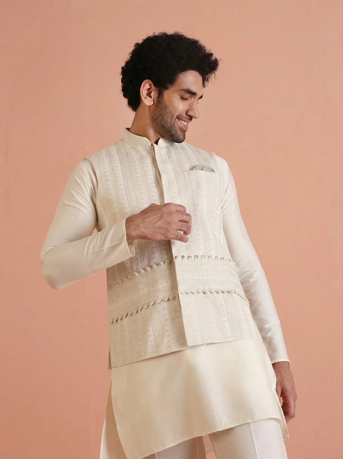 Beige Cotton Blend Embroidered Mid Kurta Jacket Wide Leg Trouser Set - Image 2