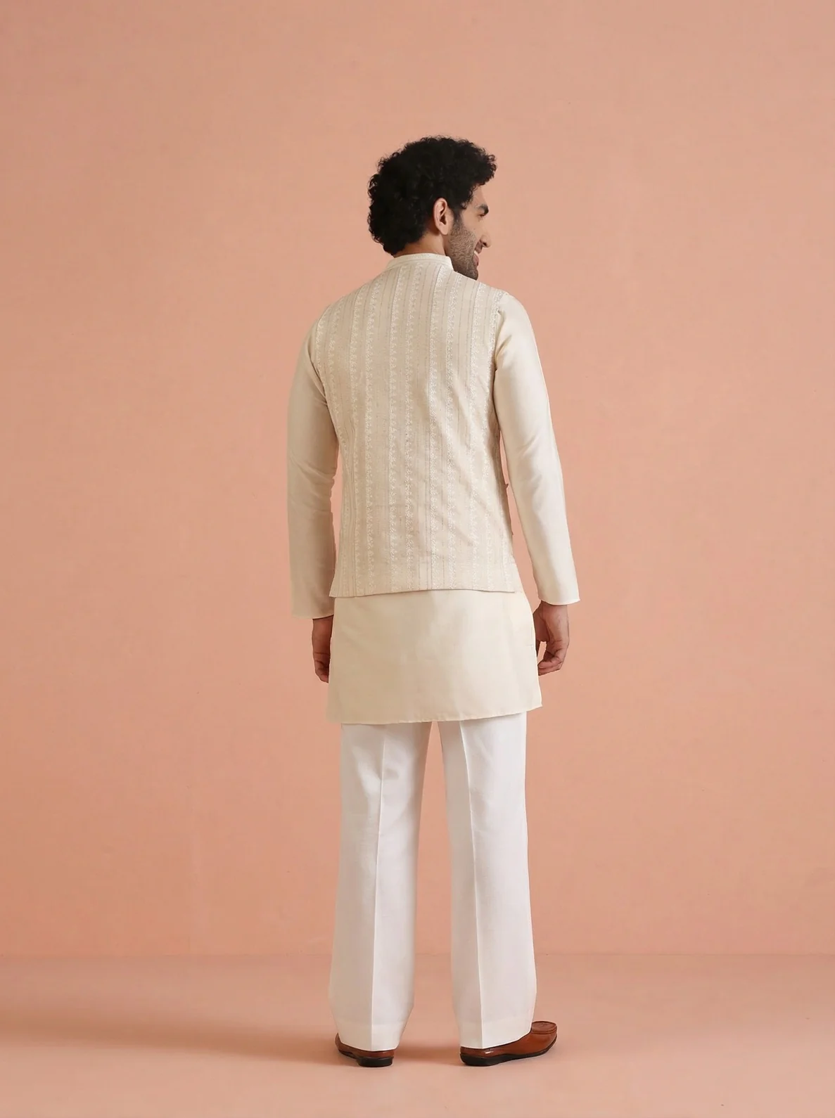 Beige Cotton Blend Embroidered Mid Kurta Jacket Wide Leg Trouser Set - Image 3