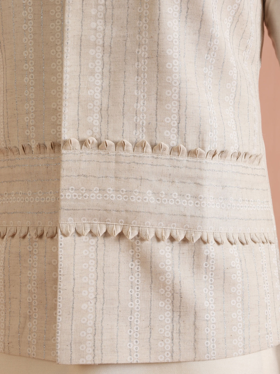 Beige Cotton Blend Embroidered Mid Kurta Jacket Wide Leg Trouser Set - Image 5