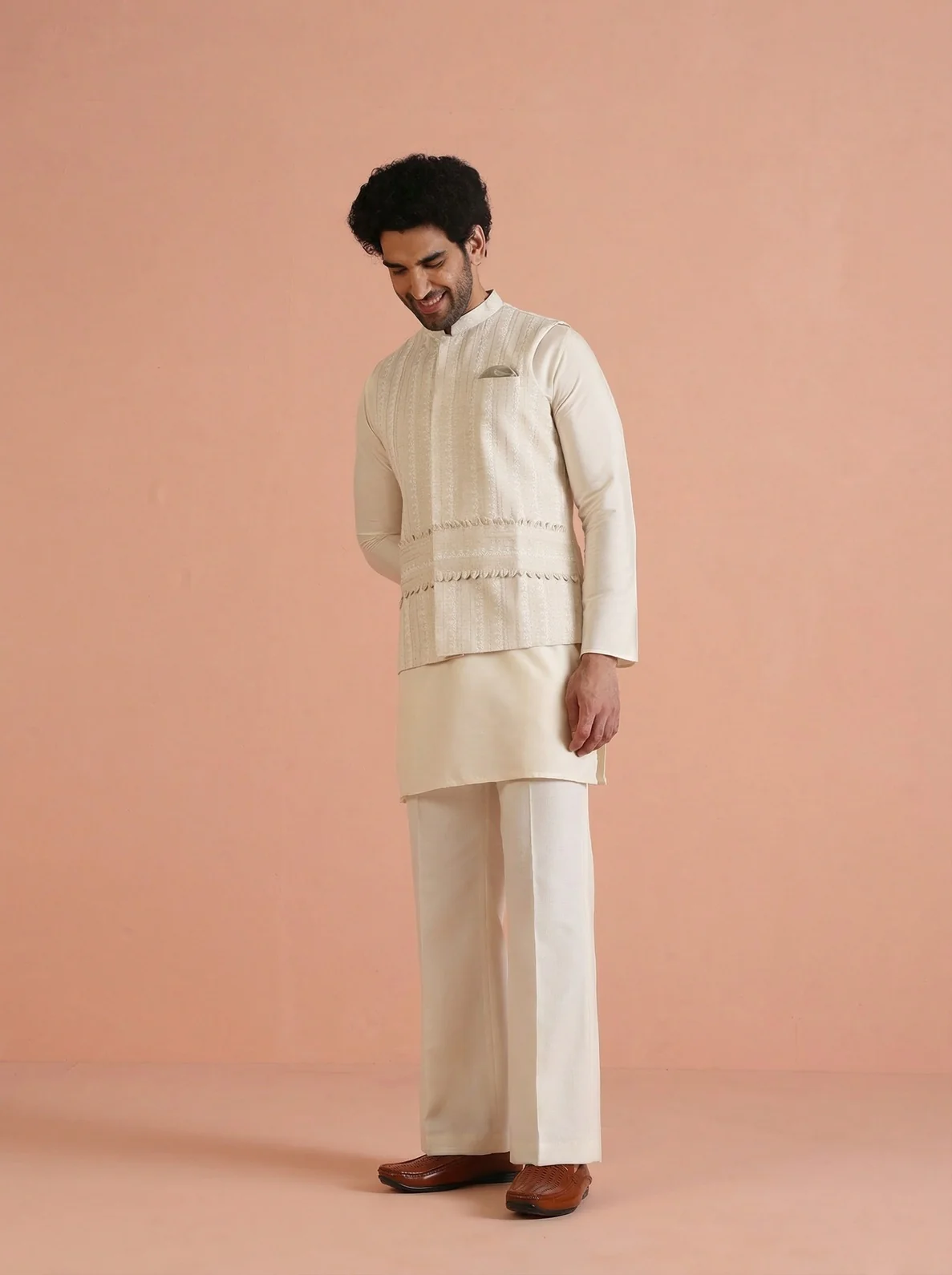 Beige Cotton Blend Embroidered Mid Kurta Jacket Wide Leg Trouser Set - Image 7