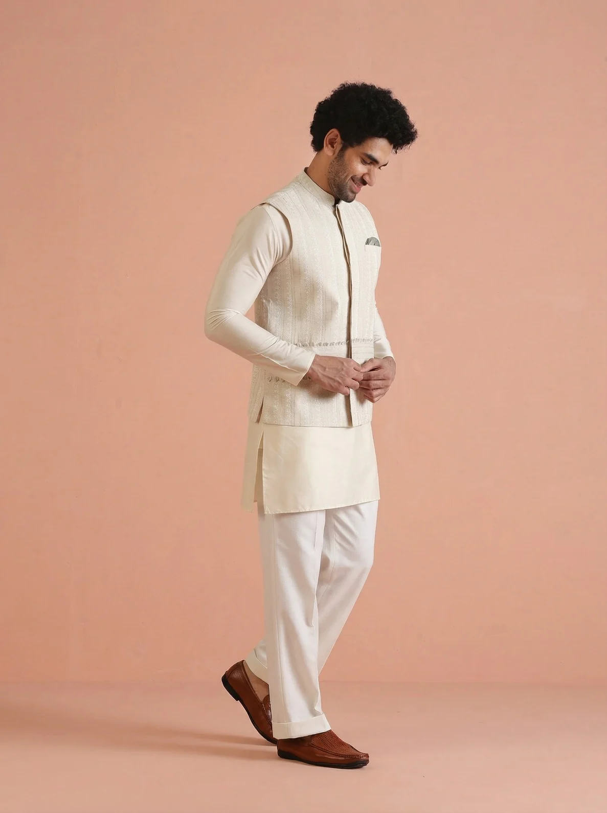 Beige Cotton Blend Embroidered Mid Kurta Jacket Wide Leg Trouser Set - Image 8