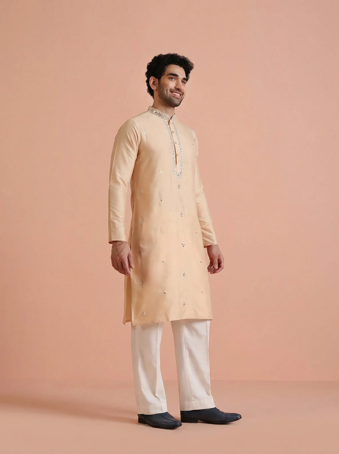 Beige Cotton Blend Mirror Work Kurta Wide Leg Trouser Set - Image 2