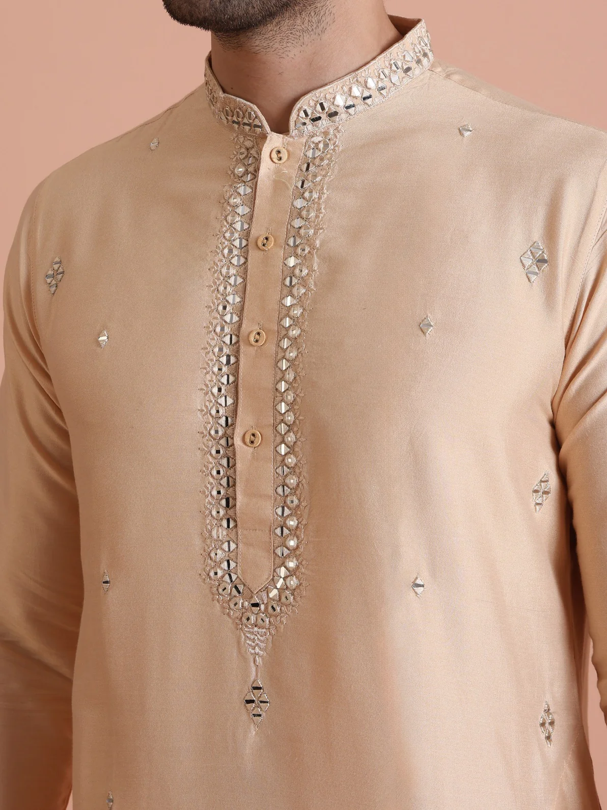 Beige Cotton Blend Mirror Work Kurta Wide Leg Trouser Set - Image 4