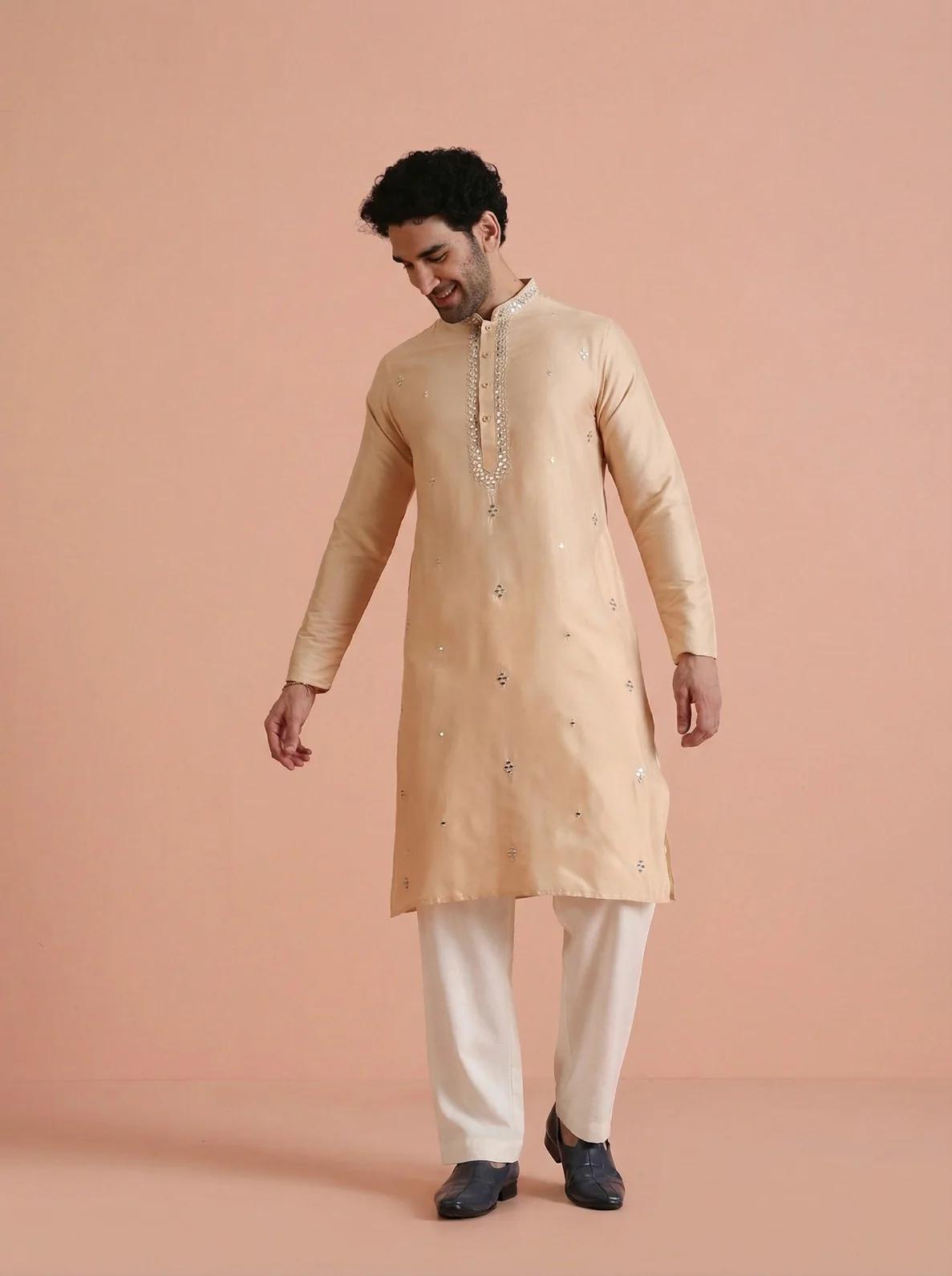 Beige Cotton Blend Mirror Work Kurta Wide Leg Trouser Set - Image 7