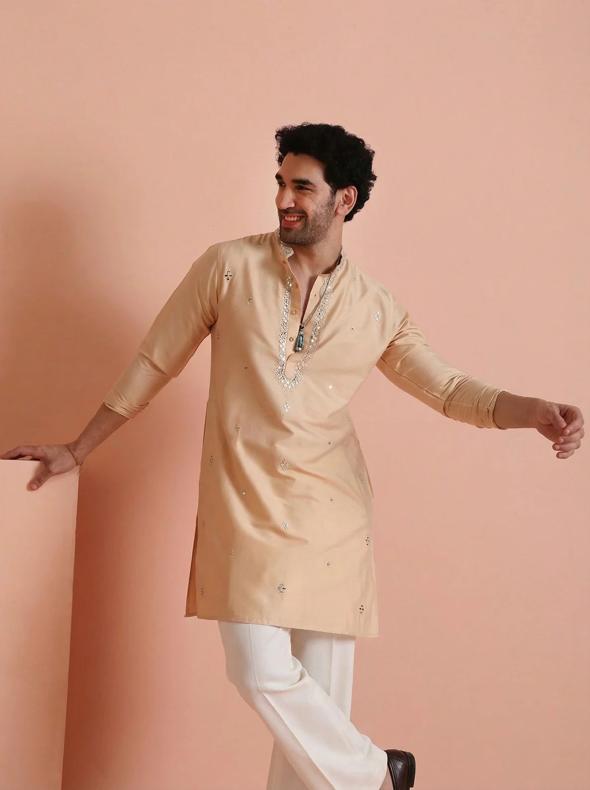 Beige Cotton Blend Mirror Work Kurta Wide Leg Trouser Set - Image 8