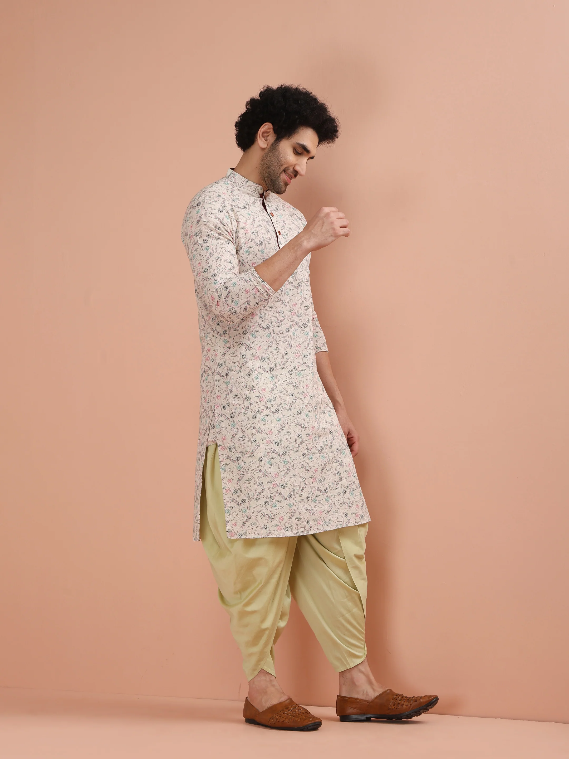 Beige Cotton Blend Printed Kurta Dhoti Set - Image 2
