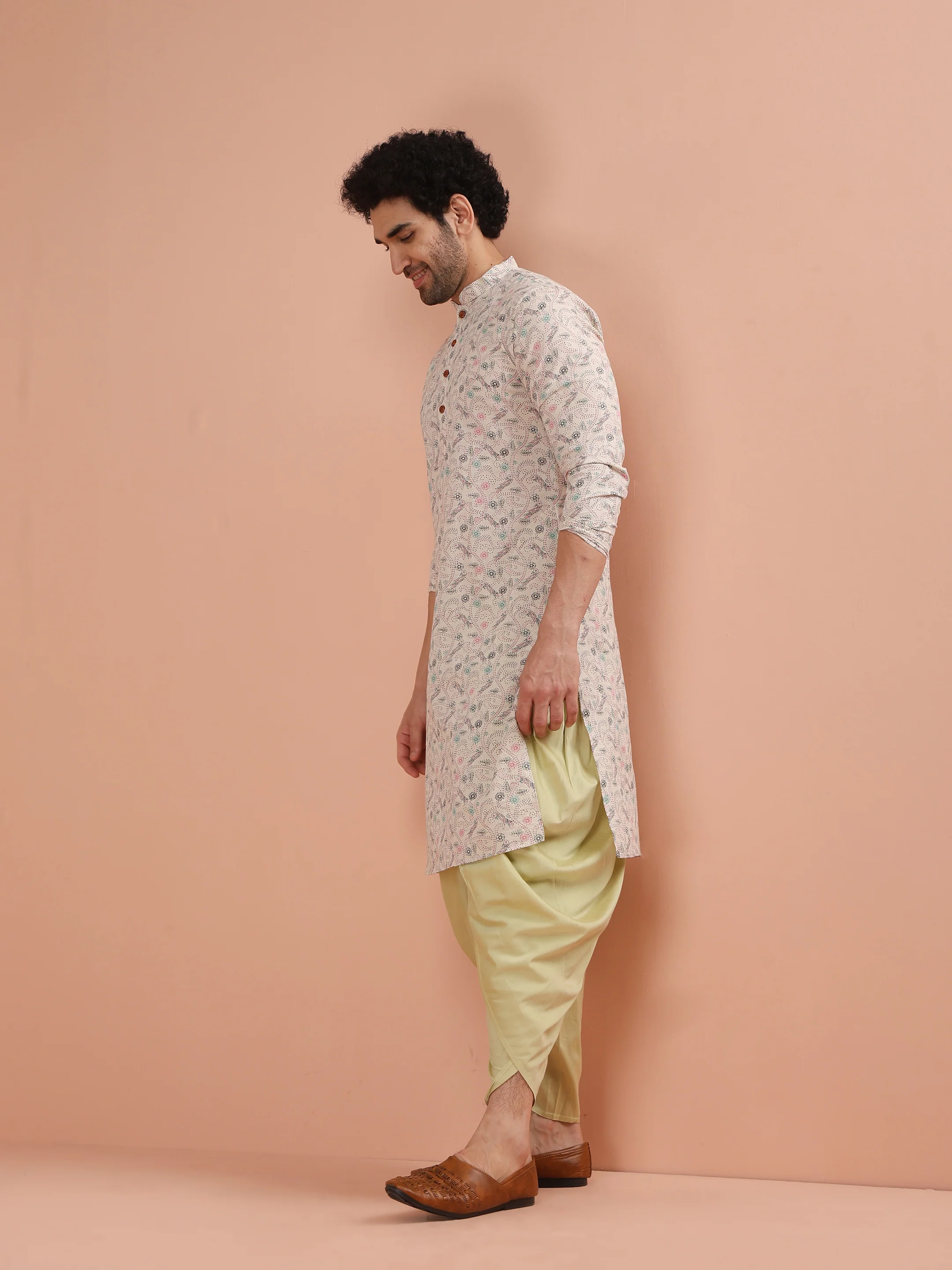Beige Cotton Blend Printed Kurta Dhoti Set - Image 3