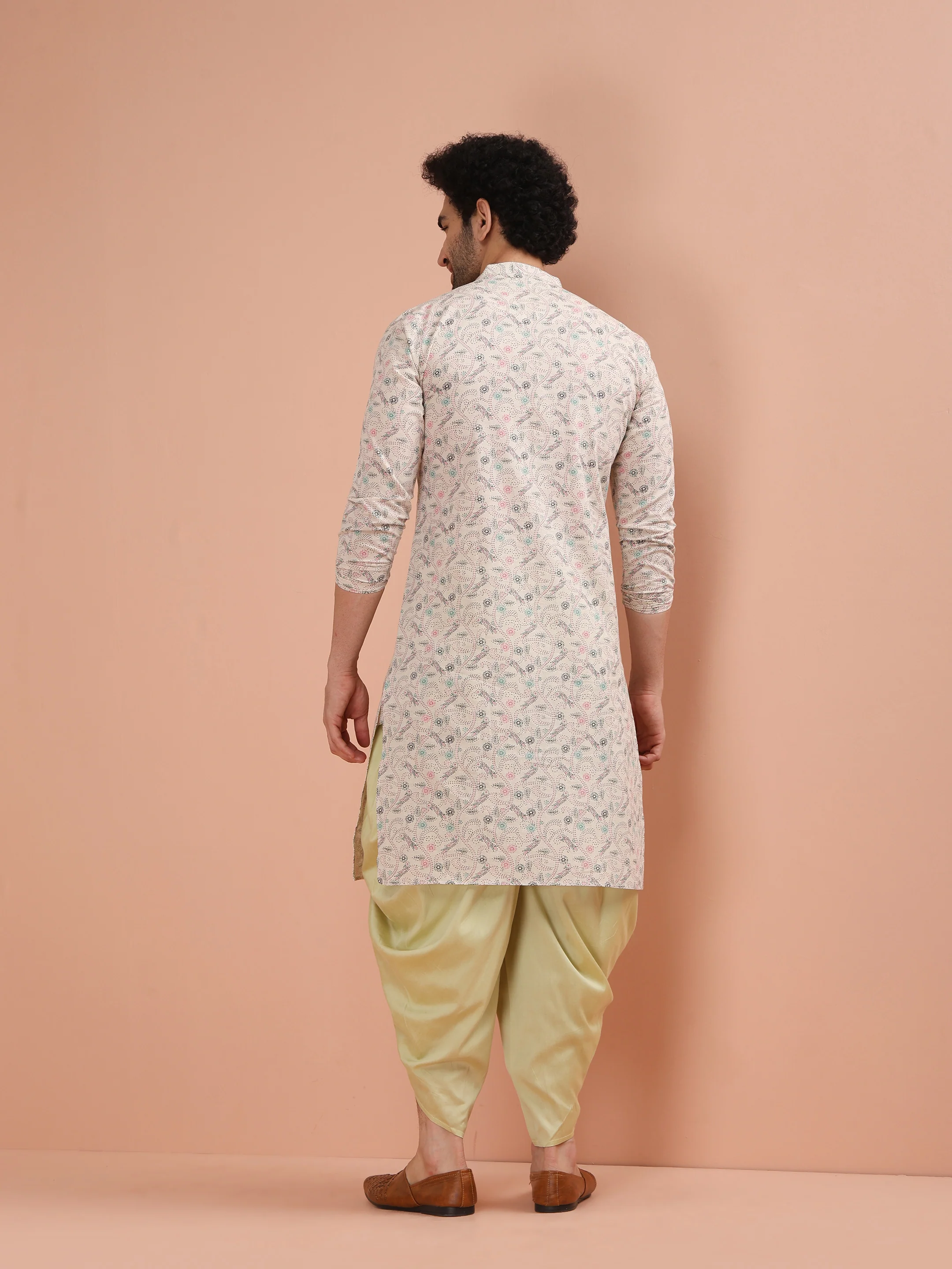 Beige Cotton Blend Printed Kurta Dhoti Set - Image 4
