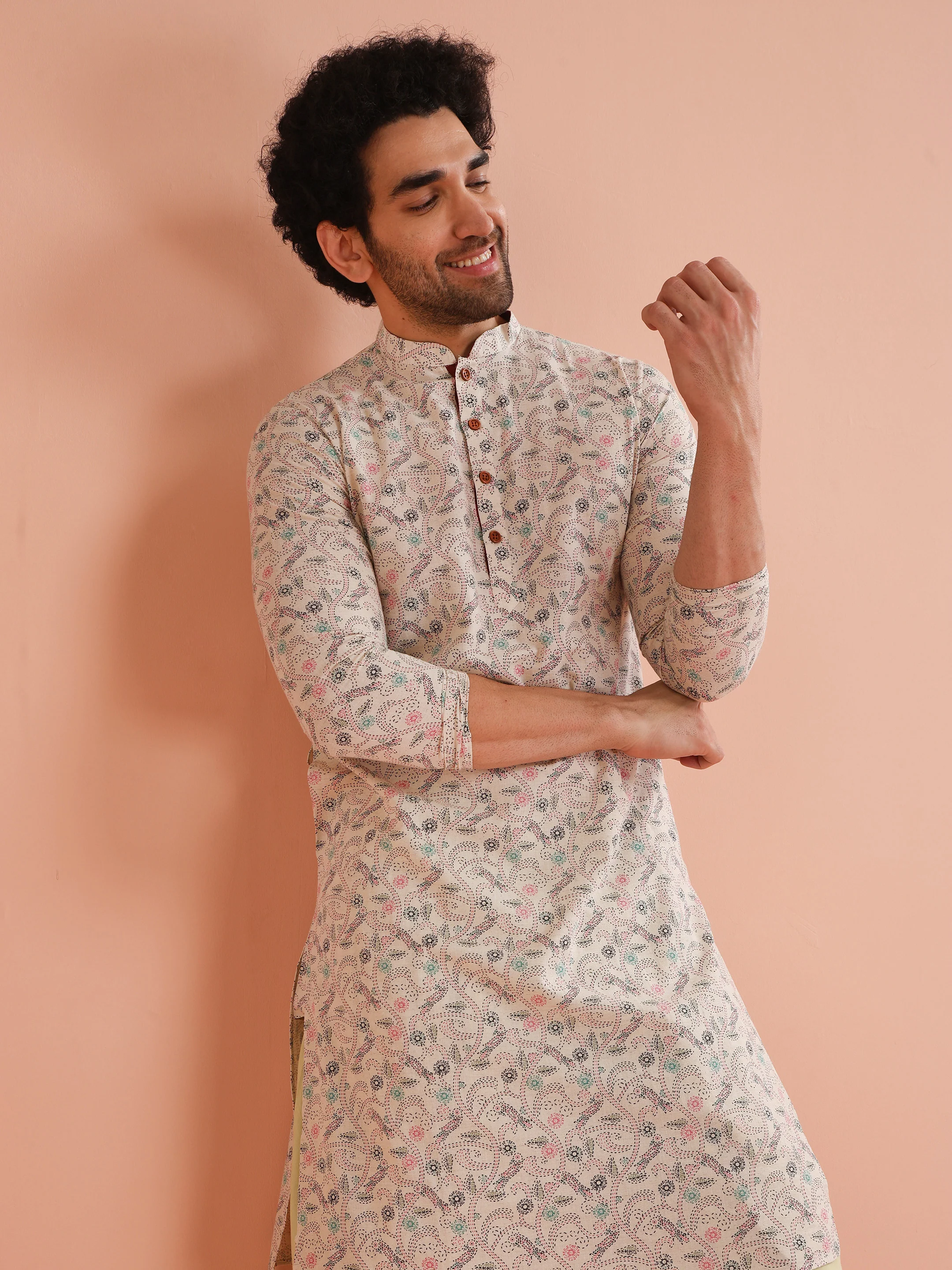 Beige Cotton Blend Printed Kurta Dhoti Set - Image 7