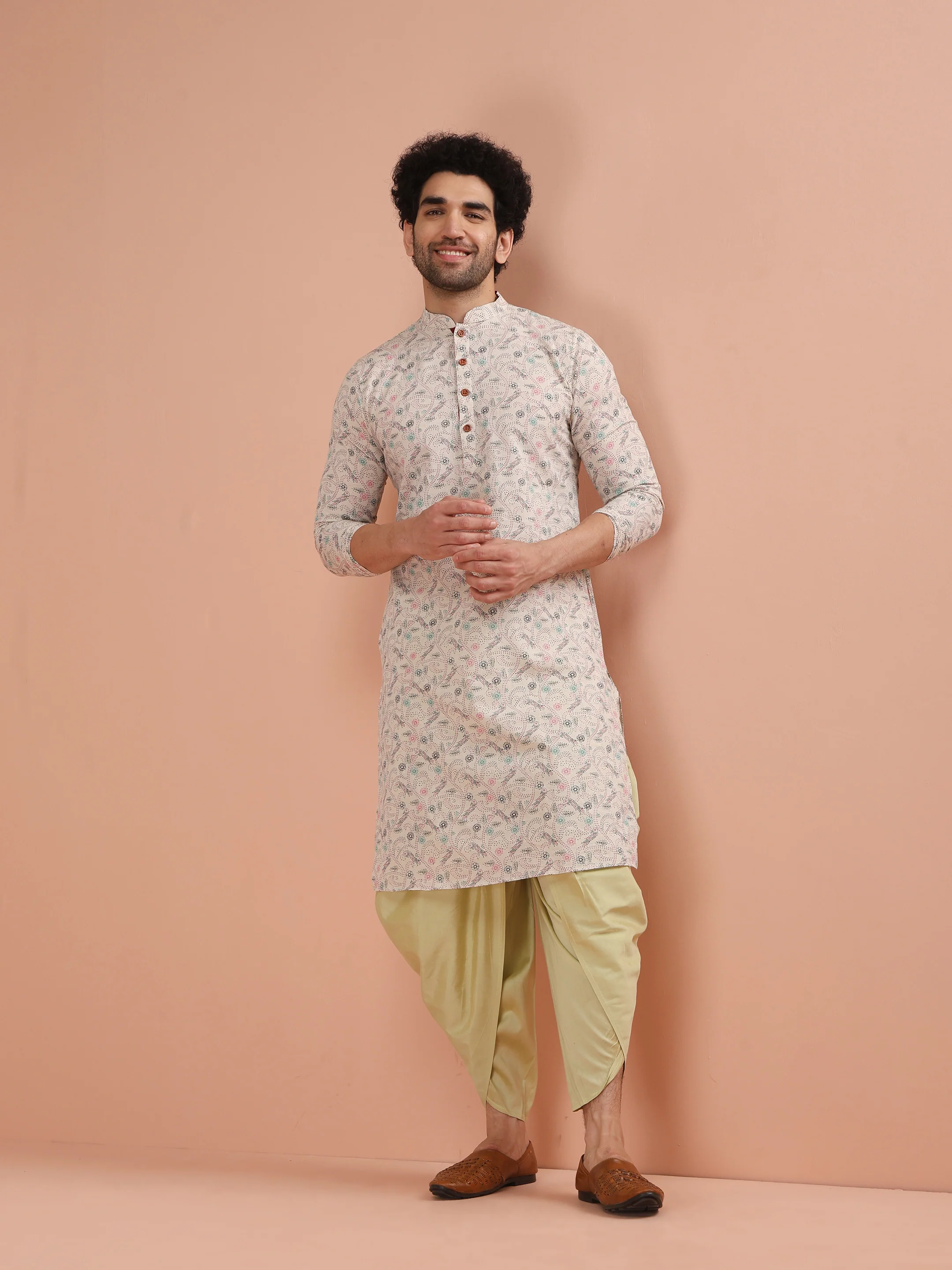 Beige Cotton Blend Printed Kurta Dhoti Set - Image 8