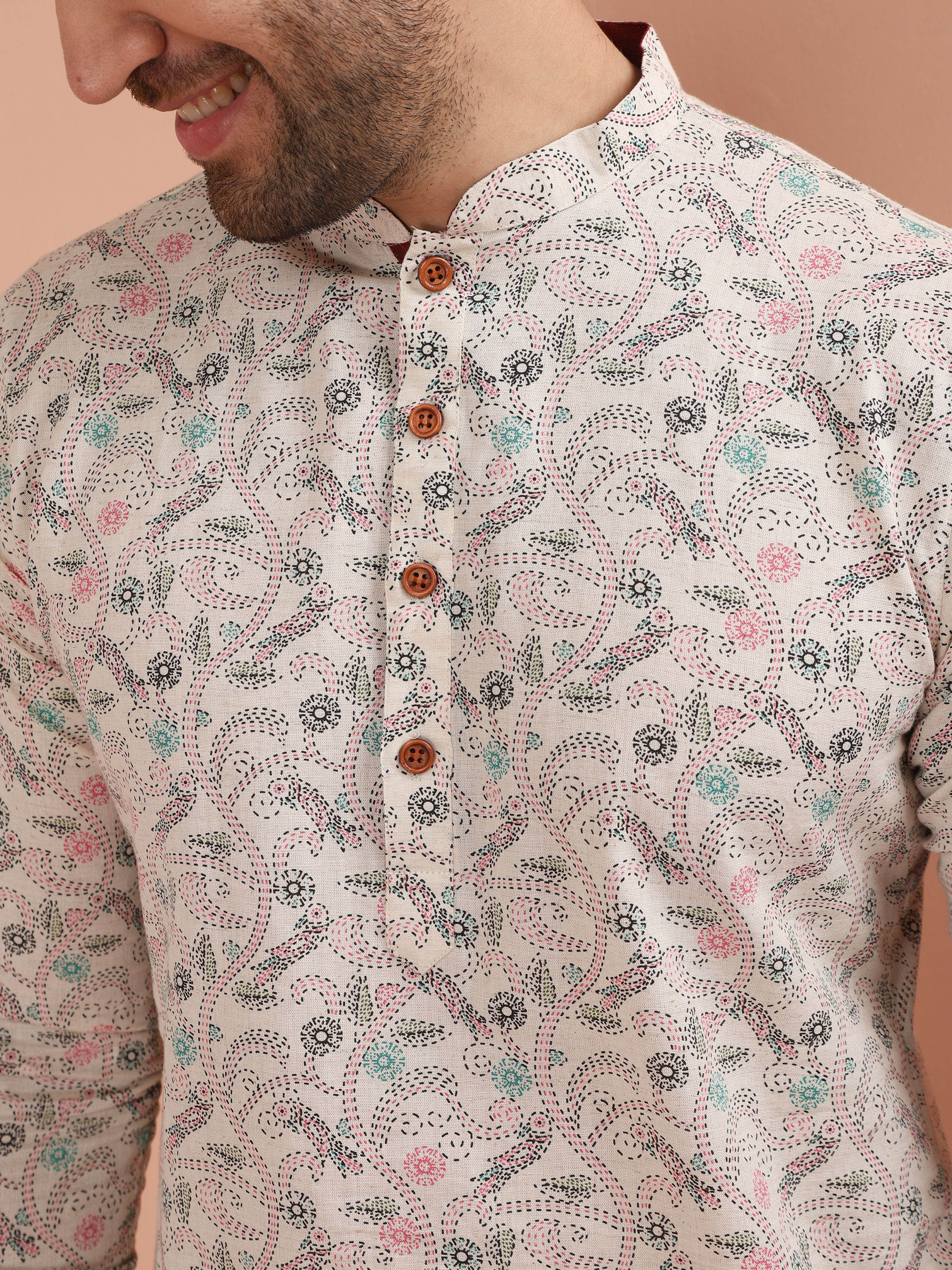 Beige Cotton Blend Printed Long Kurta - Image 5