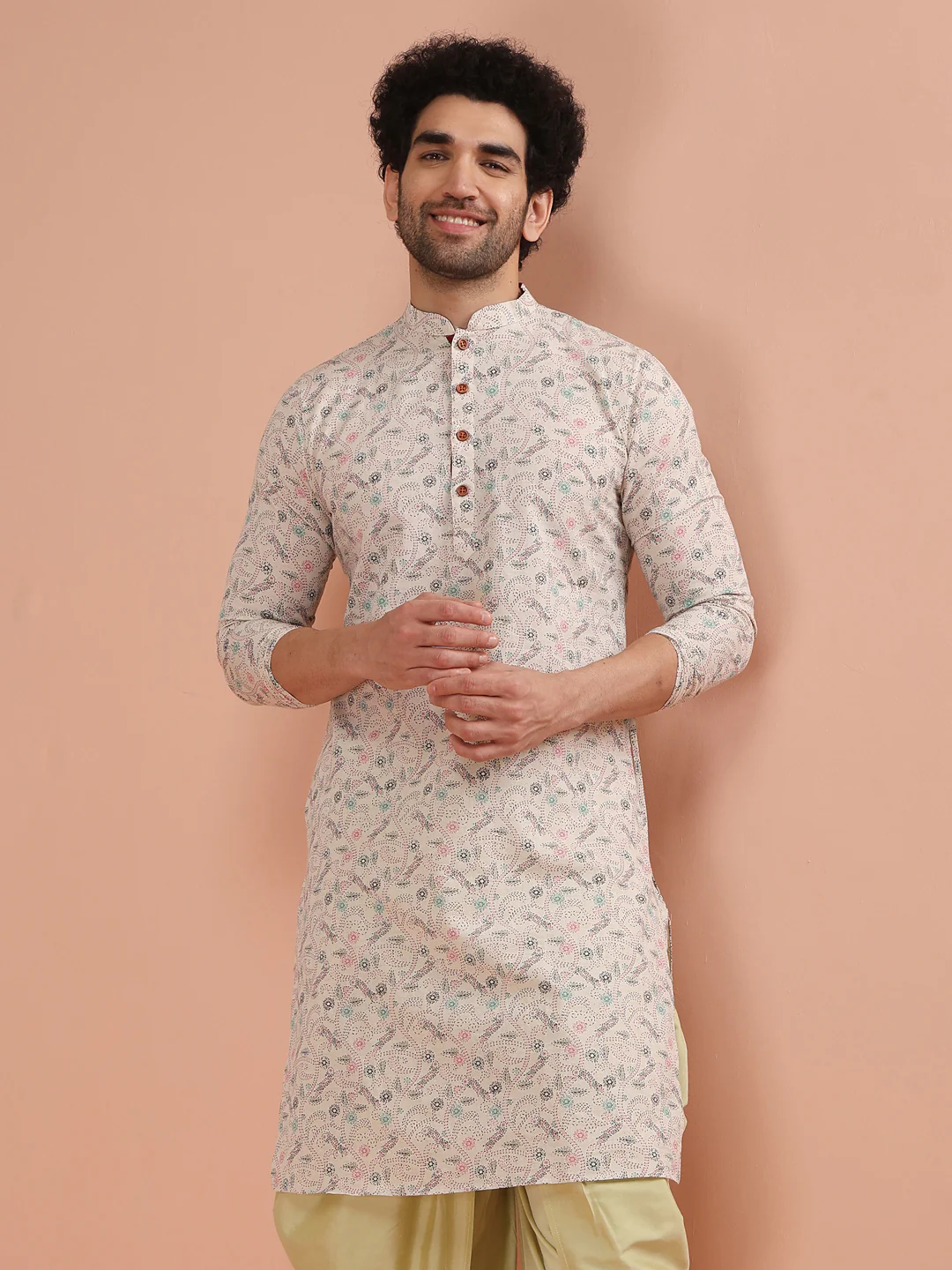 Beige Cotton Blend Printed Long Kurta - Image 8