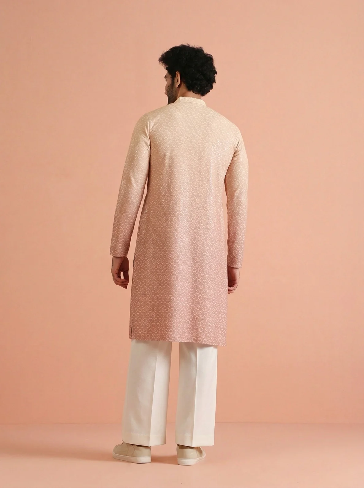 Beige Cotton Blend Schiffli Embellished Kurta Wide Leg Trouser Set - Image 3