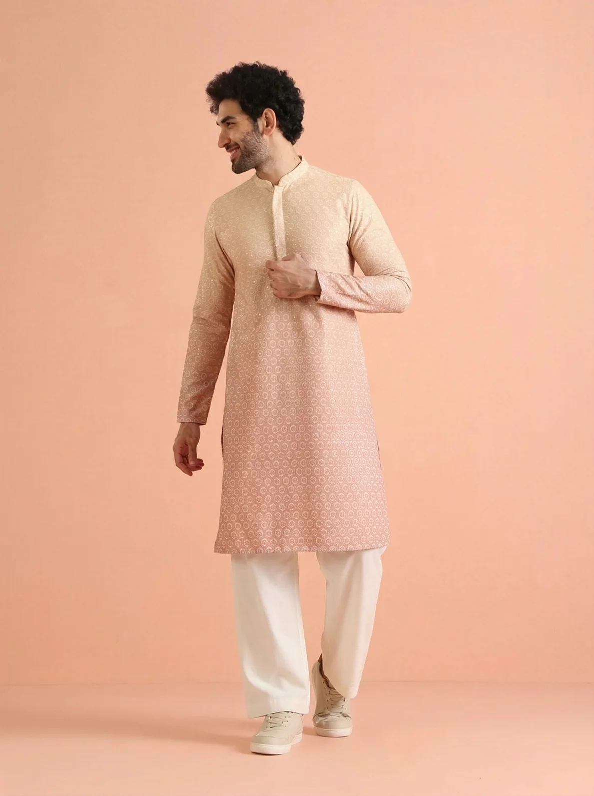 Beige Cotton Blend Schiffli Embellished Kurta Wide Leg Trouser Set - Image 6