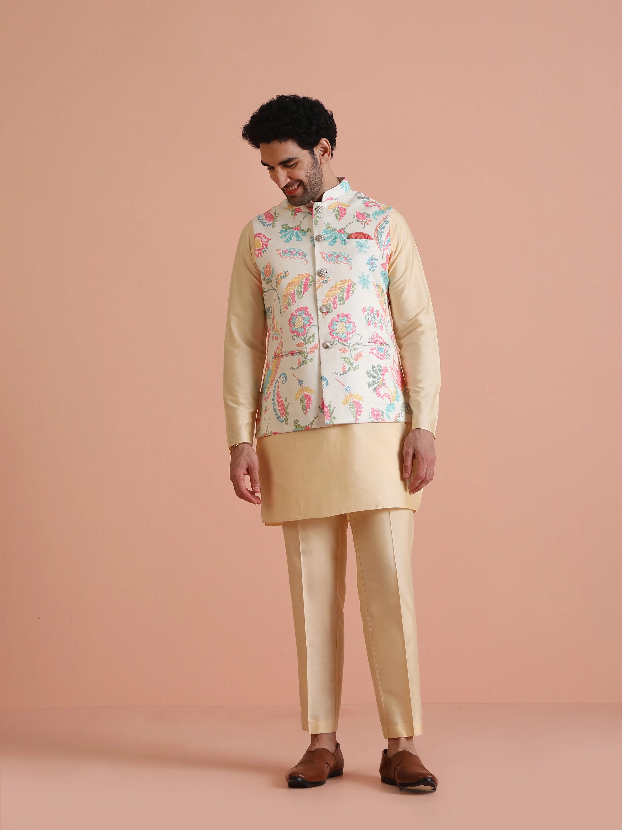 Beige Digital Print Cotton Blend Kurta Jacket Set - Image 3