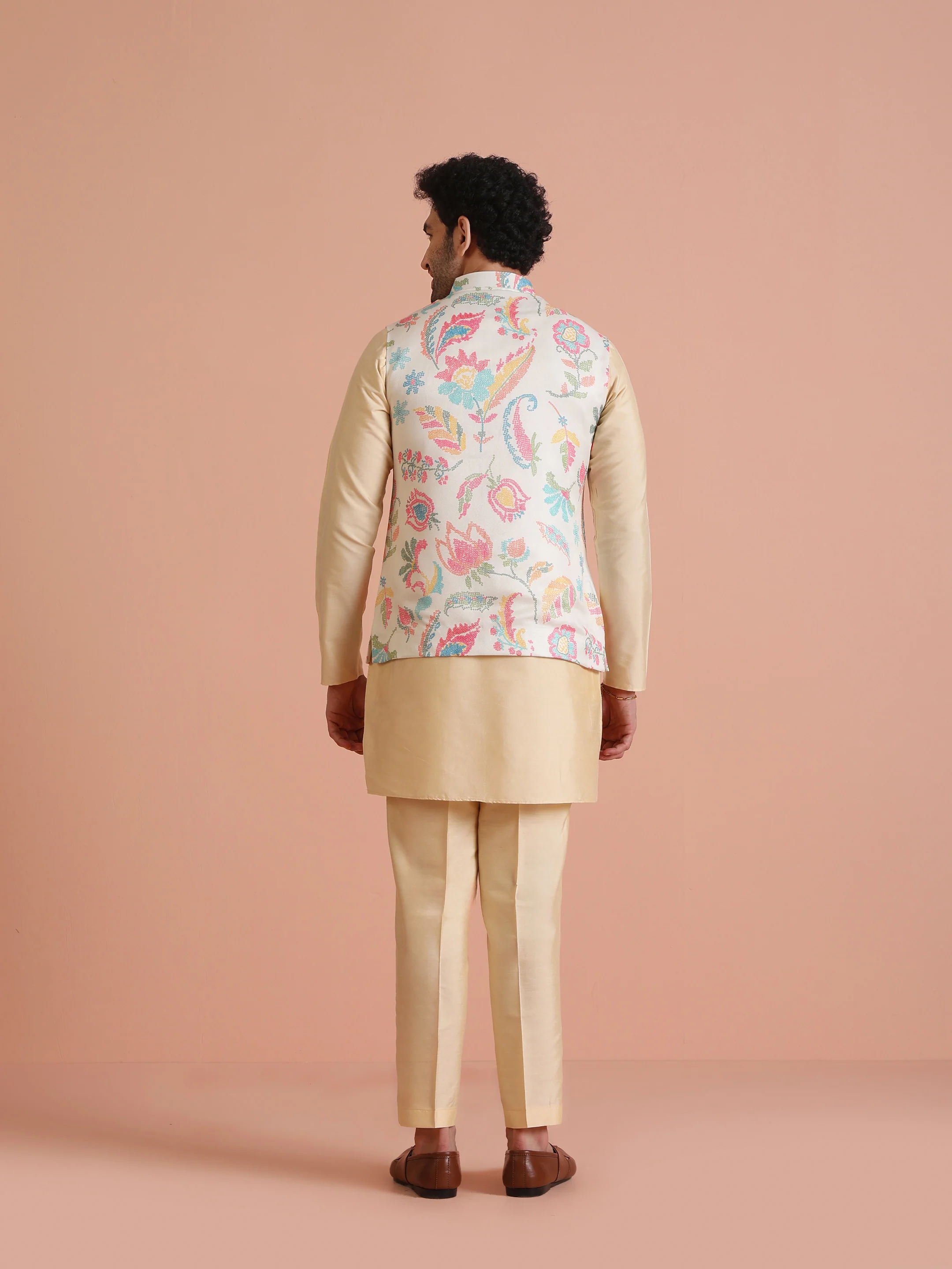 Beige Digital Print Cotton Blend Kurta Jacket Set - Image 4