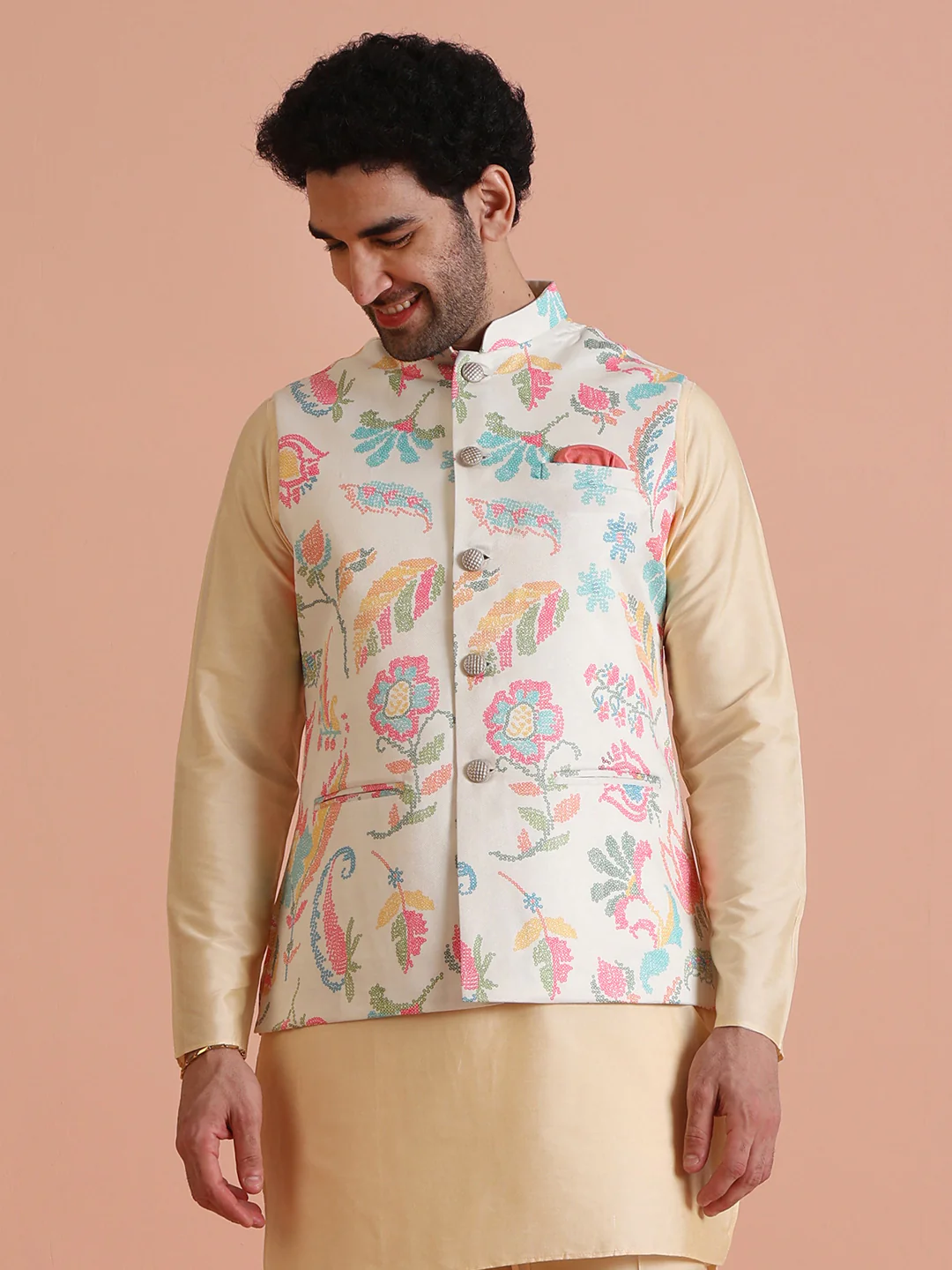 Beige Digital Print Cotton Blend Kurta Jacket Set - Image 9