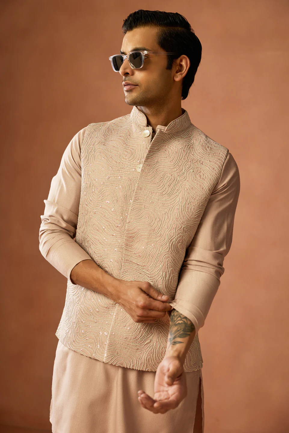 Beige Embroidered Jacket Kurta Set - Image 7