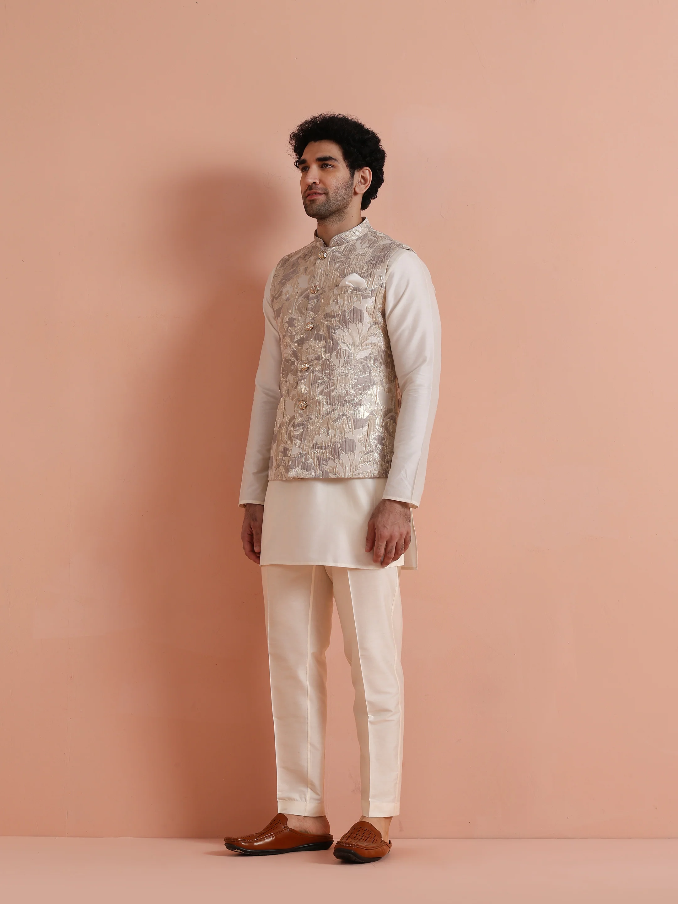 Mens Beige Floral Printed Nehru Jacket - Image 3