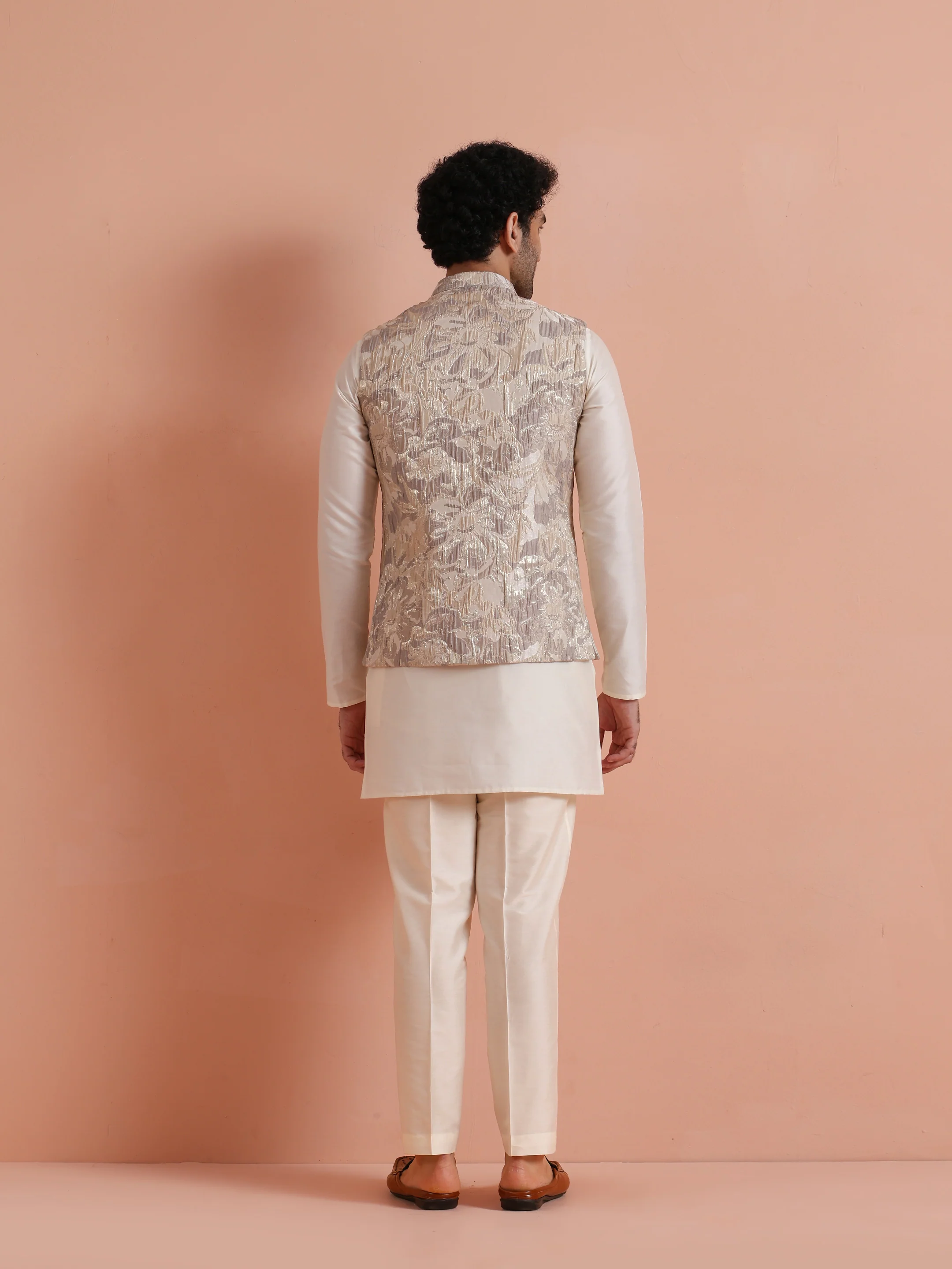 Mens Beige Floral Printed Nehru Jacket - Image 4
