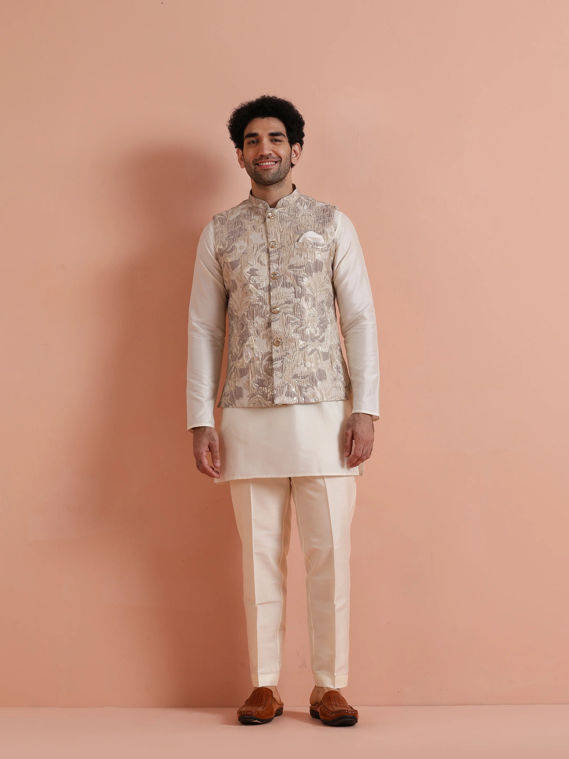 Mens Beige Floral Printed Nehru Jacket - Image 6