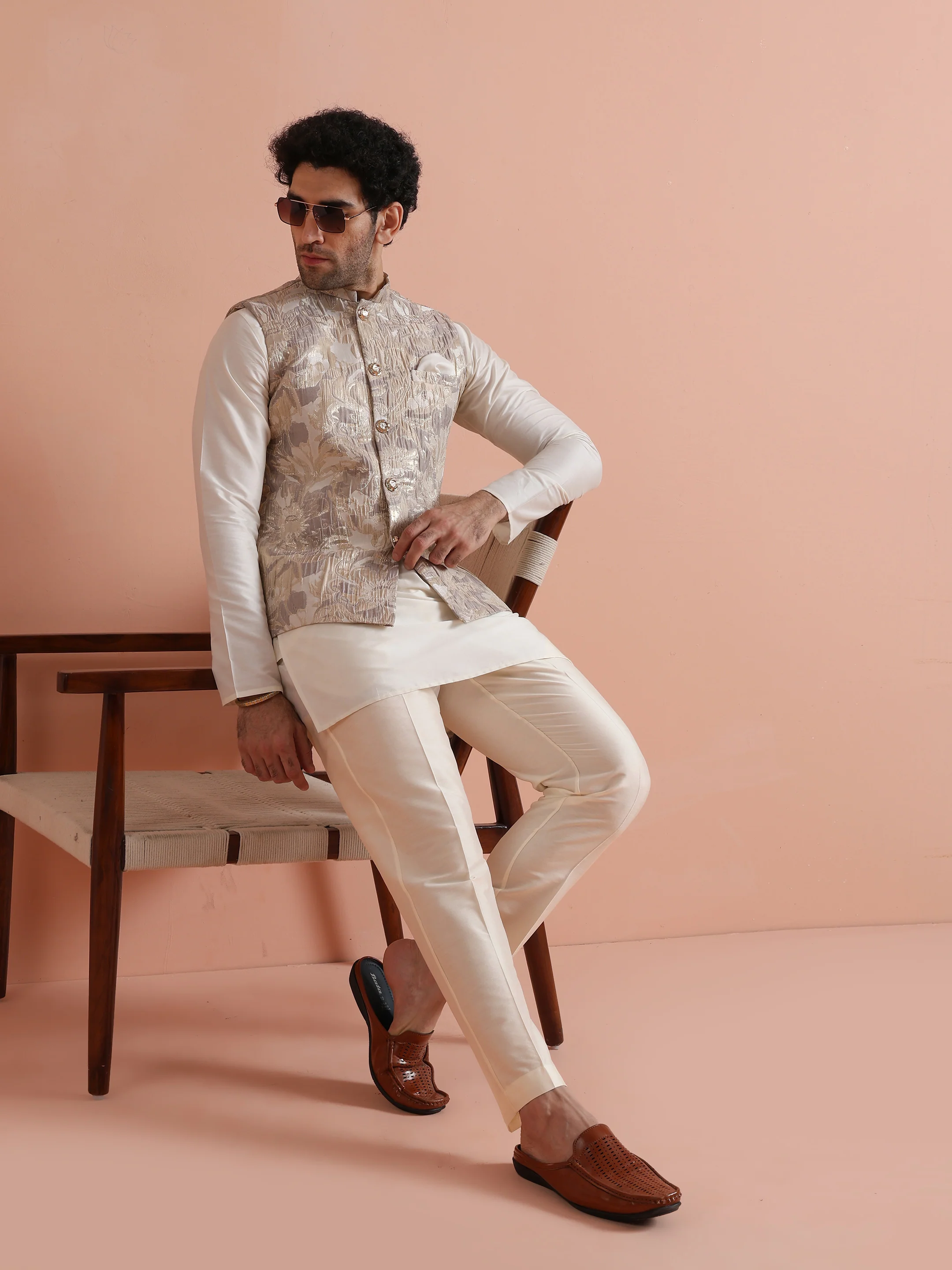 Mens Beige Floral Printed Nehru Jacket - Image 7