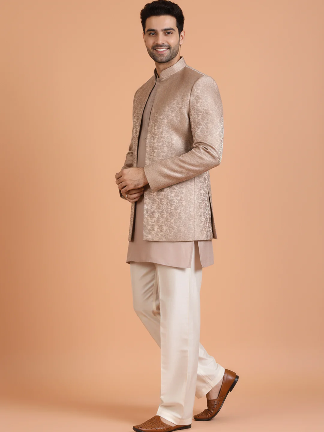 Beige Front-Open Short Sherwani Set - Image 3