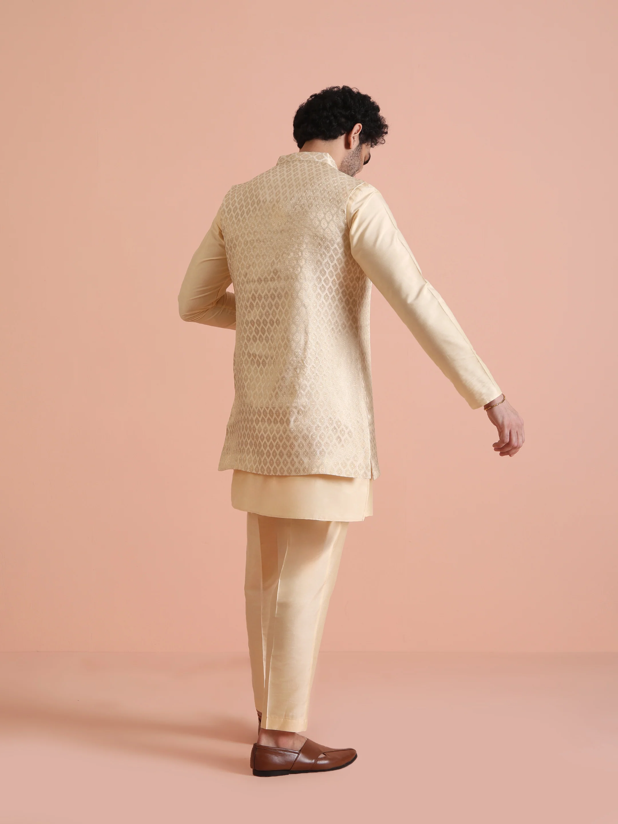 Beige Jacquard Silk Blend Kurta Jacket Set - Image 4