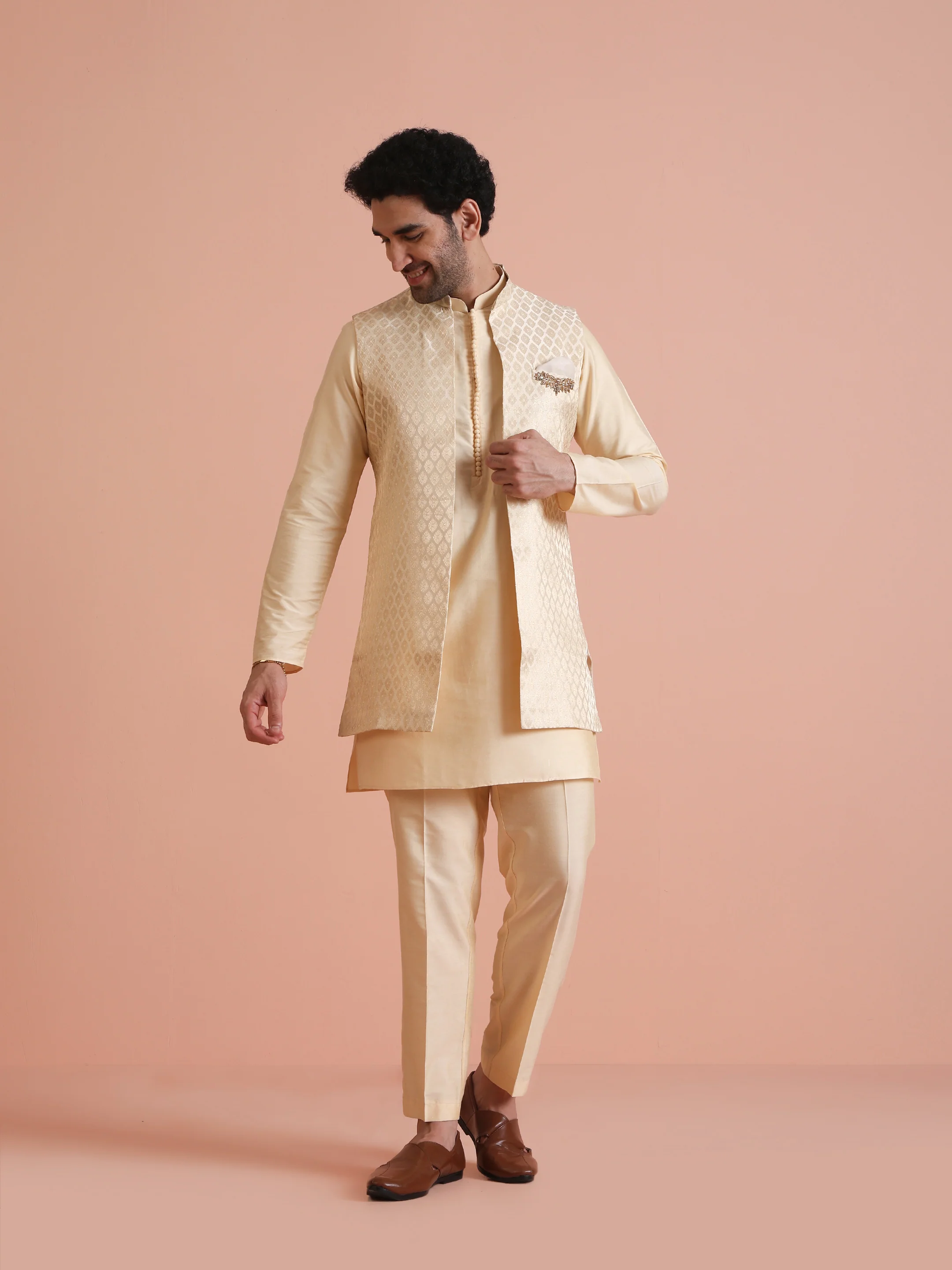 Beige Jacquard Silk Blend Kurta Jacket Set - Image 7