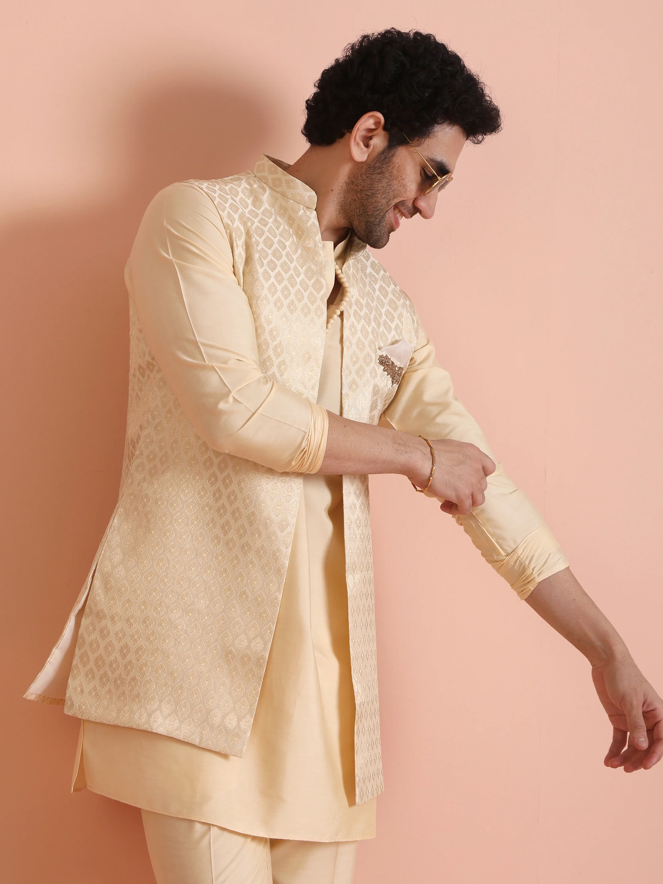Beige Jacquard Silk Blend Kurta Jacket Set - Image 9