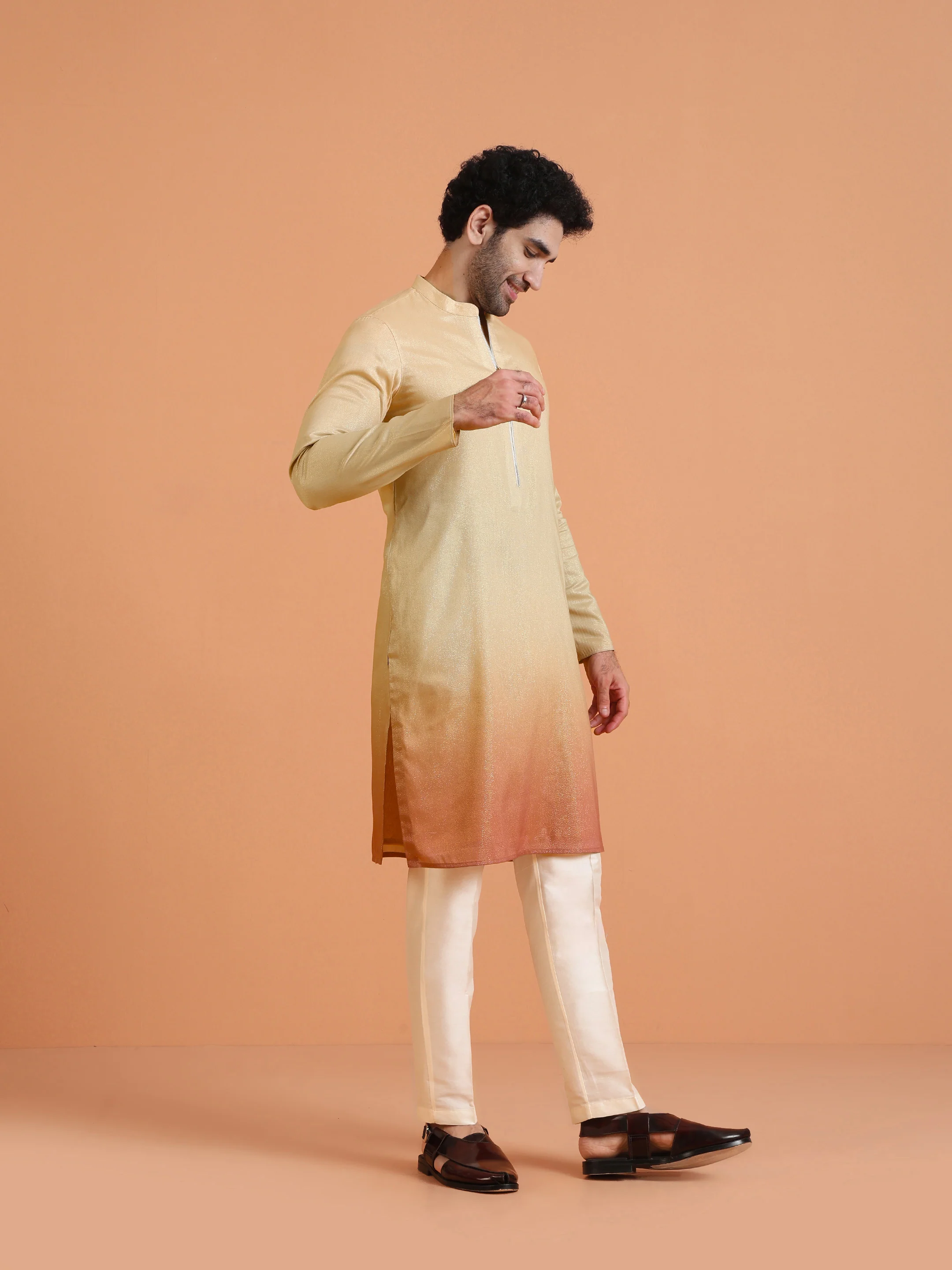 Beige Ombre Kurta with Zip Set - Image 2