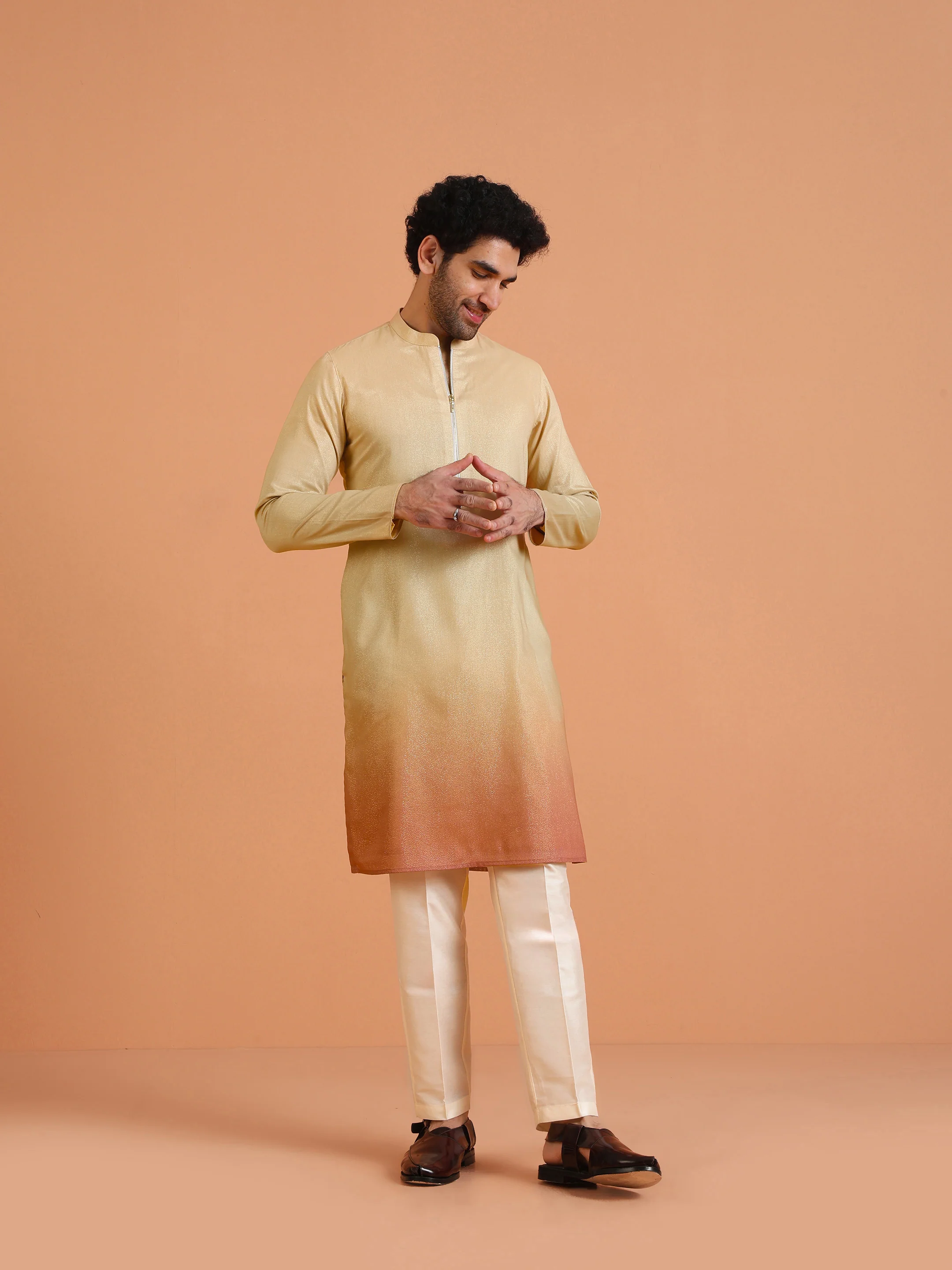 Beige Ombre Kurta with Zip Set - Image 6
