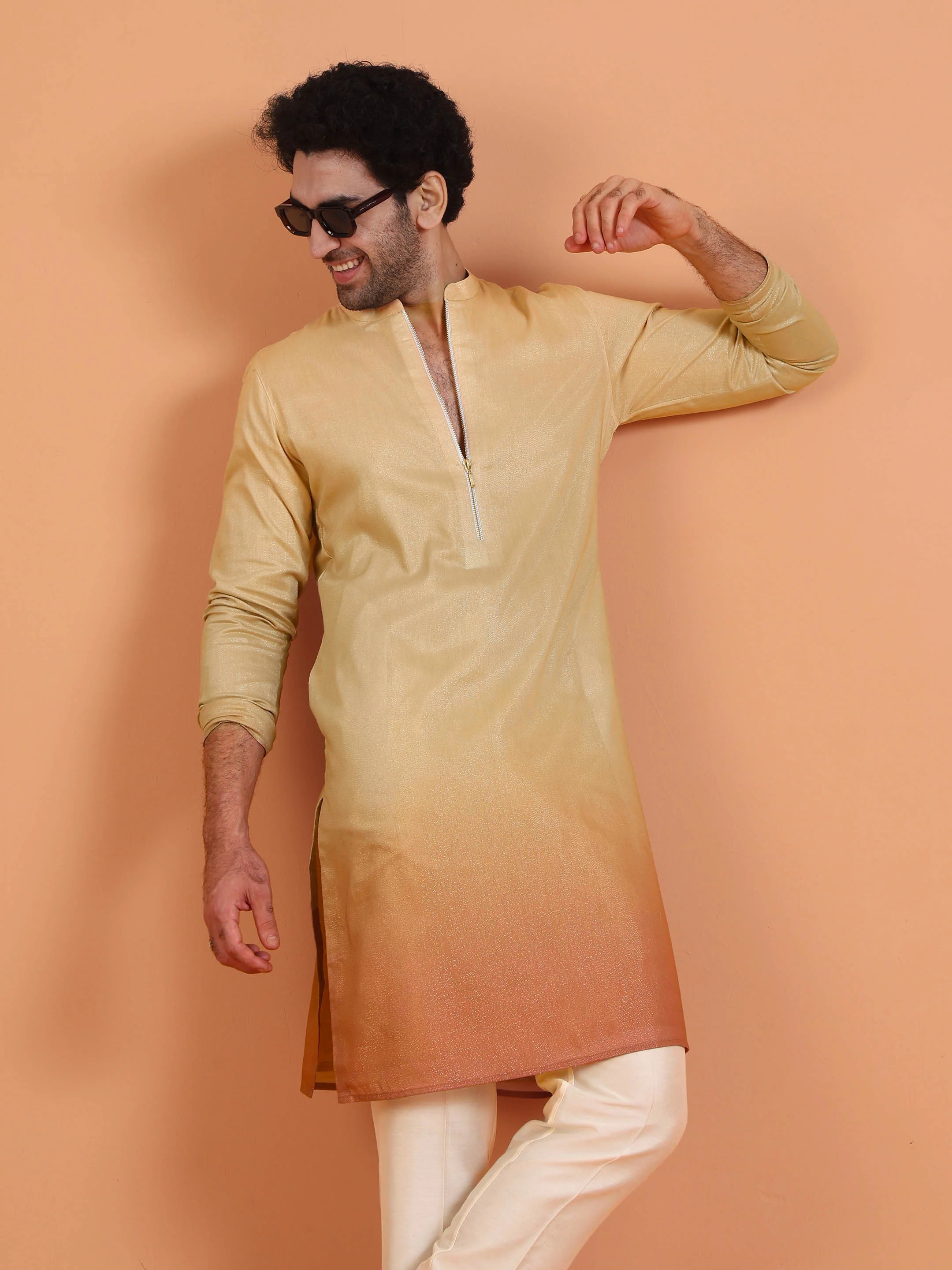 Beige Ombre Kurta with Zip Set - Image 7