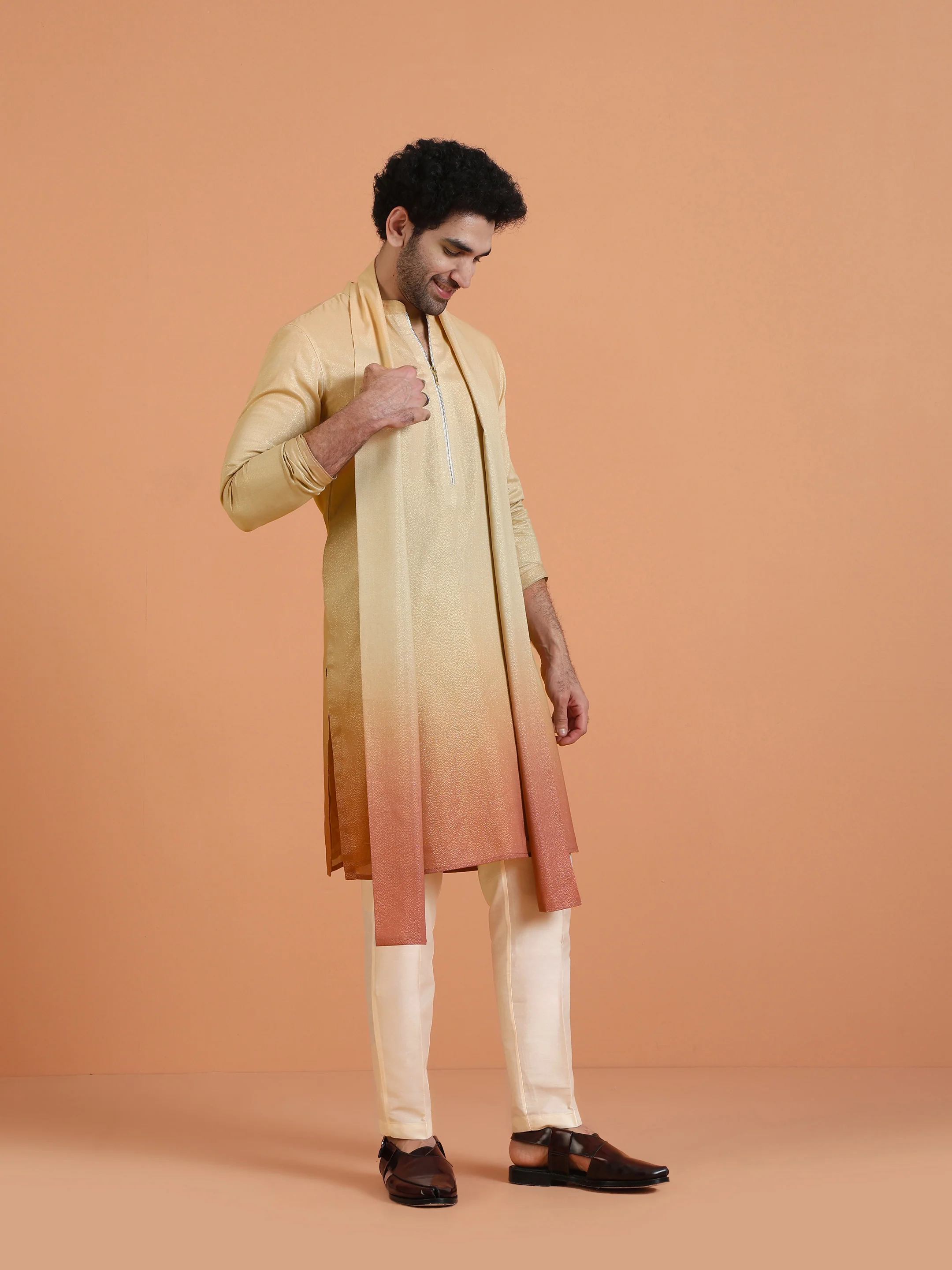 Beige Ombre Kurta Zip Set with Dupatta - Image 3