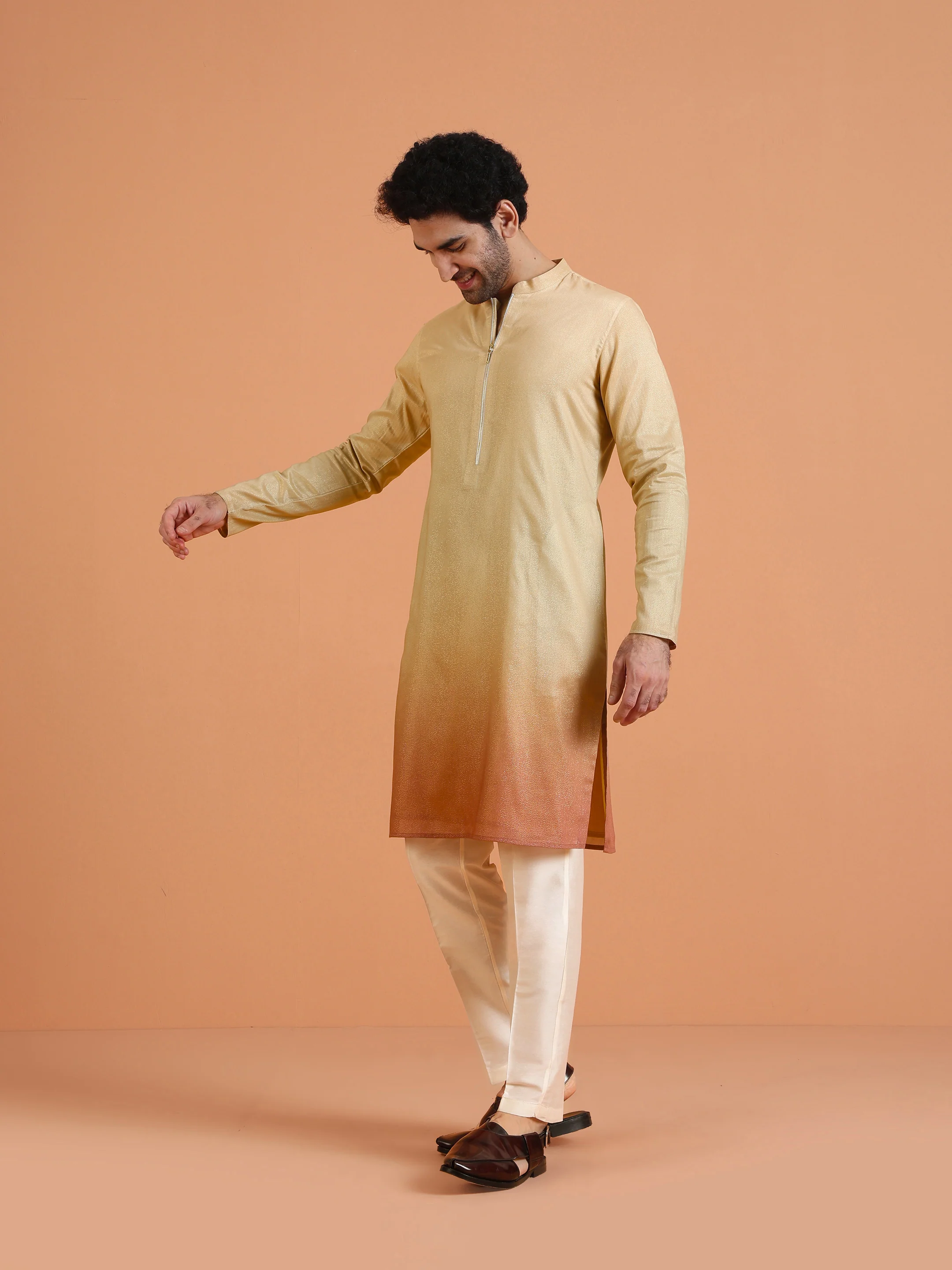 Beige Ombre Silk Kurta with Zip - Image 3