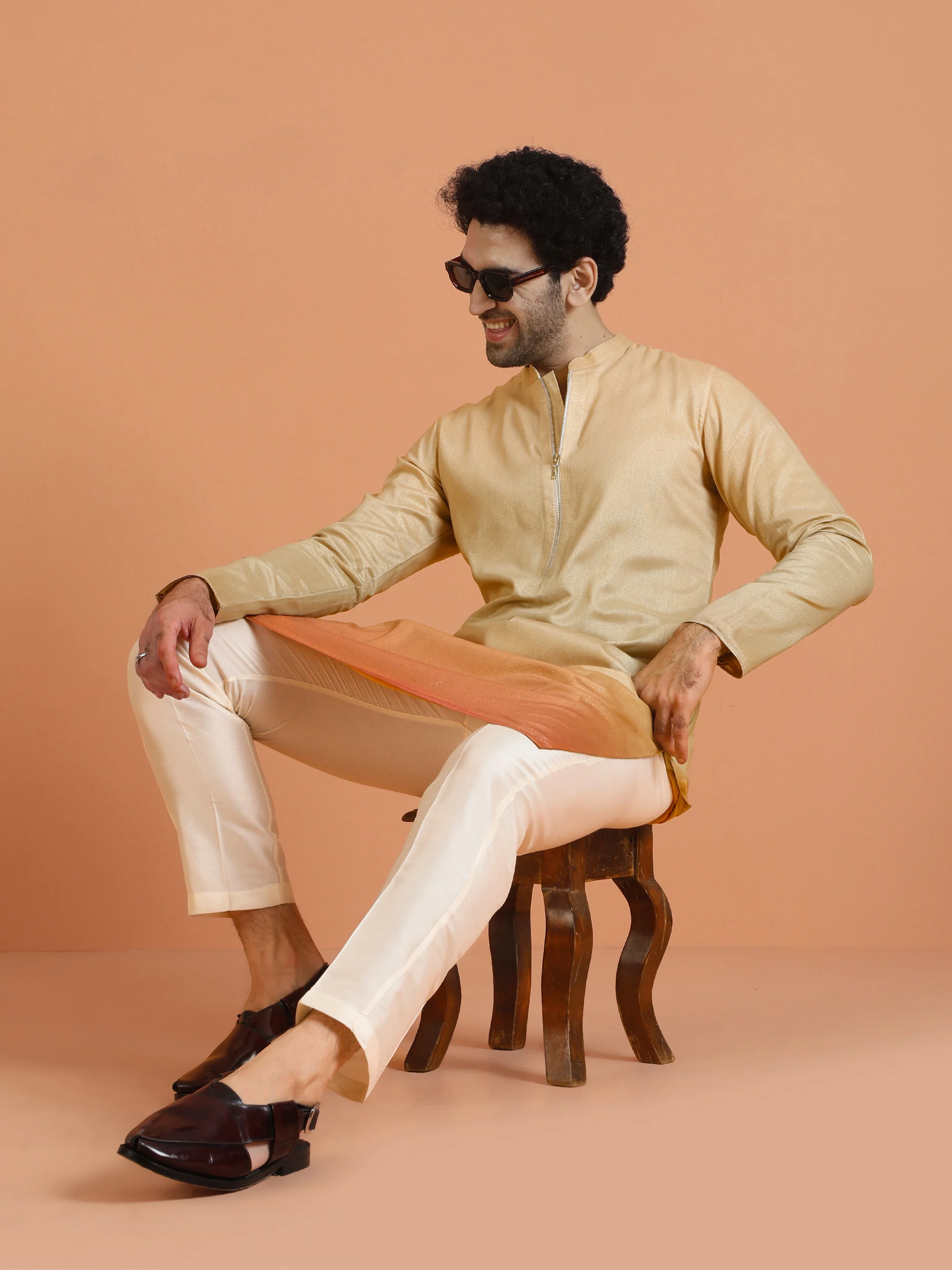 Beige Ombre Silk Kurta with Zip - Image 6