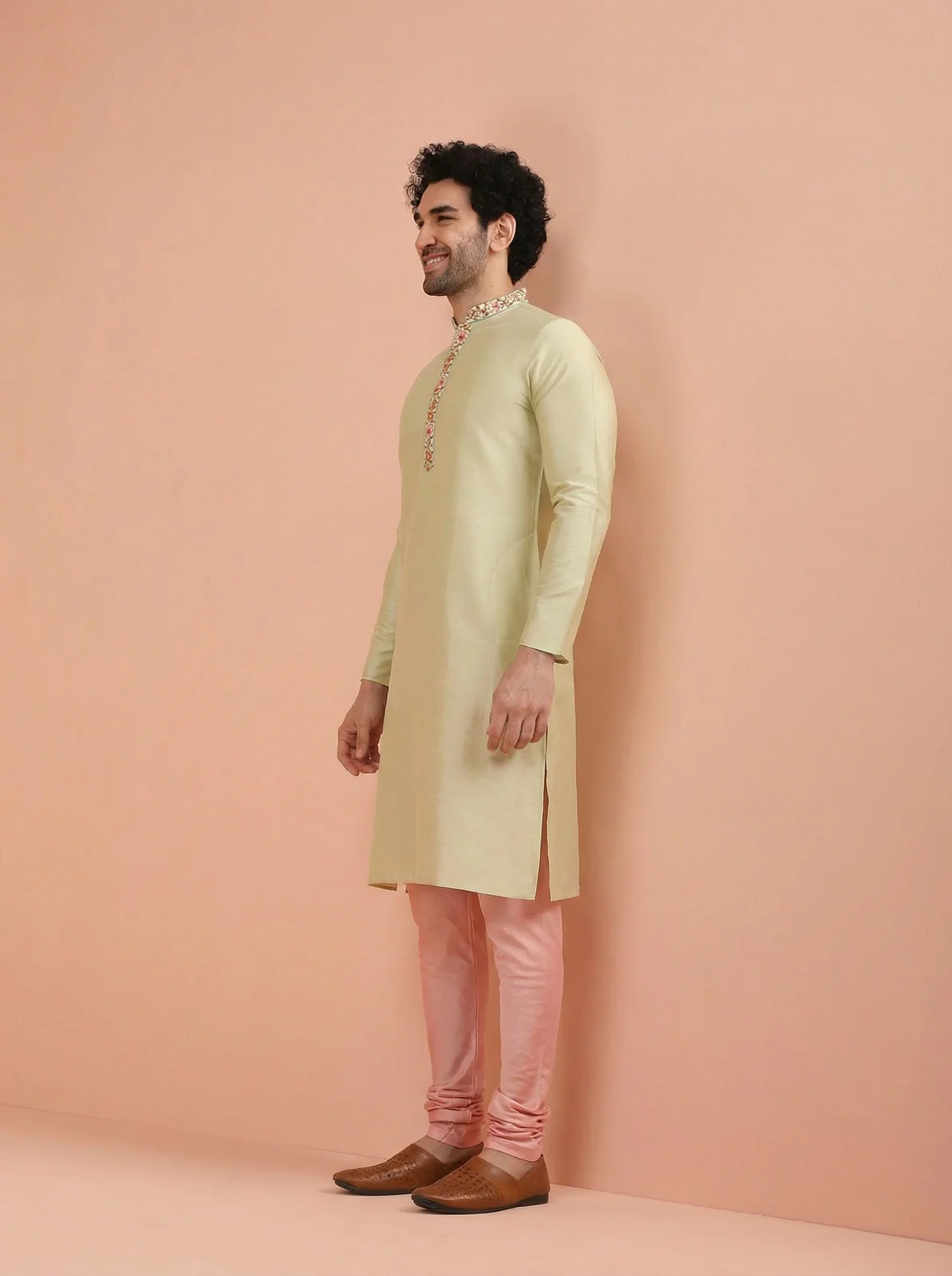 Beige Silk Blend Embroidered Kurta Churidar Set - Image 2