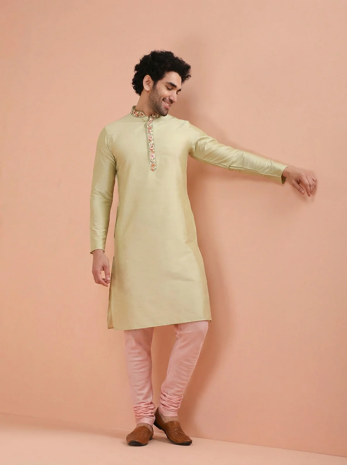 Beige Silk Blend Embroidered Kurta Churidar Set - Image 6
