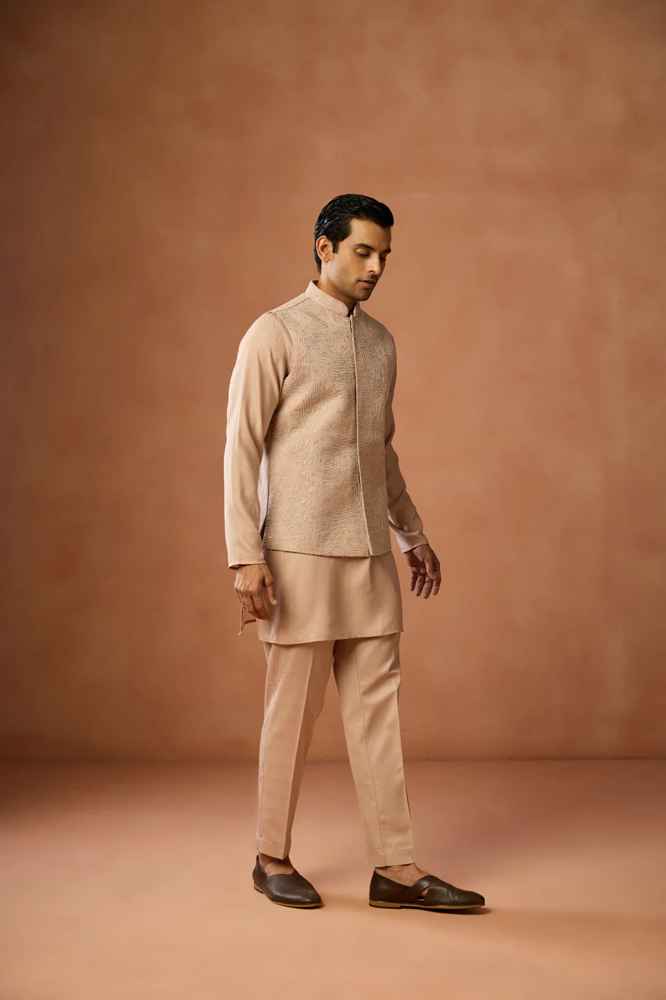 Beige Silk Blend Embroidered Nehru Jacket - Image 2