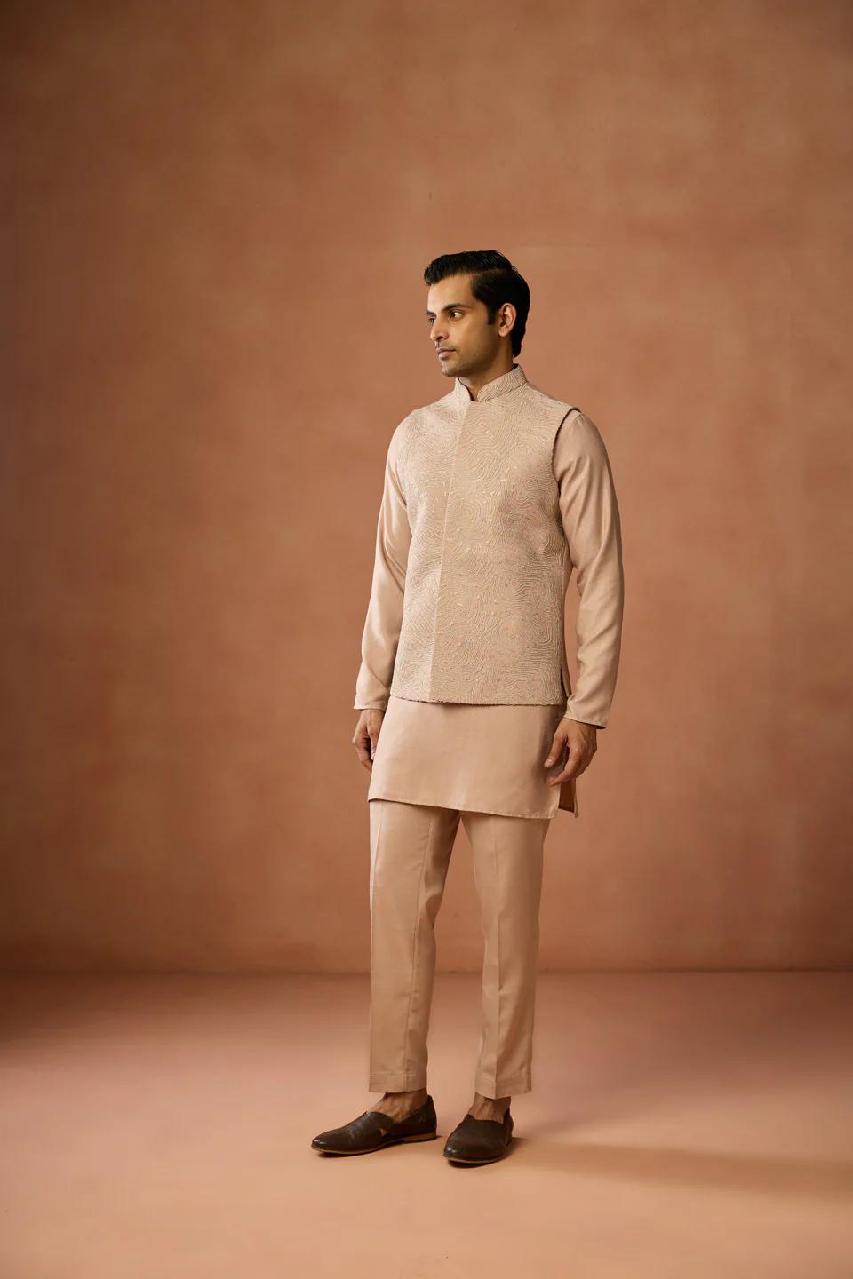 Beige Silk Blend Embroidered Nehru Jacket - Image 3
