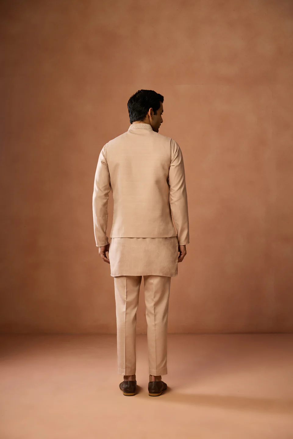 Beige Silk Blend Embroidered Nehru Jacket - Image 4