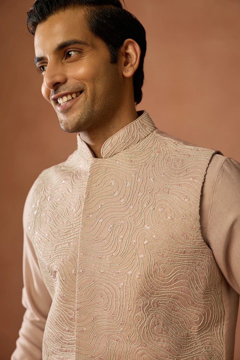 Beige Silk Blend Embroidered Nehru Jacket - Image 5