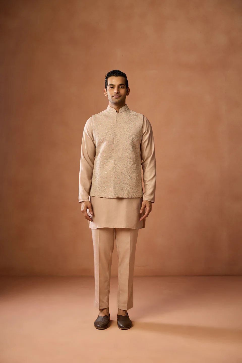 Beige Silk Blend Embroidered Nehru Jacket - Image 6
