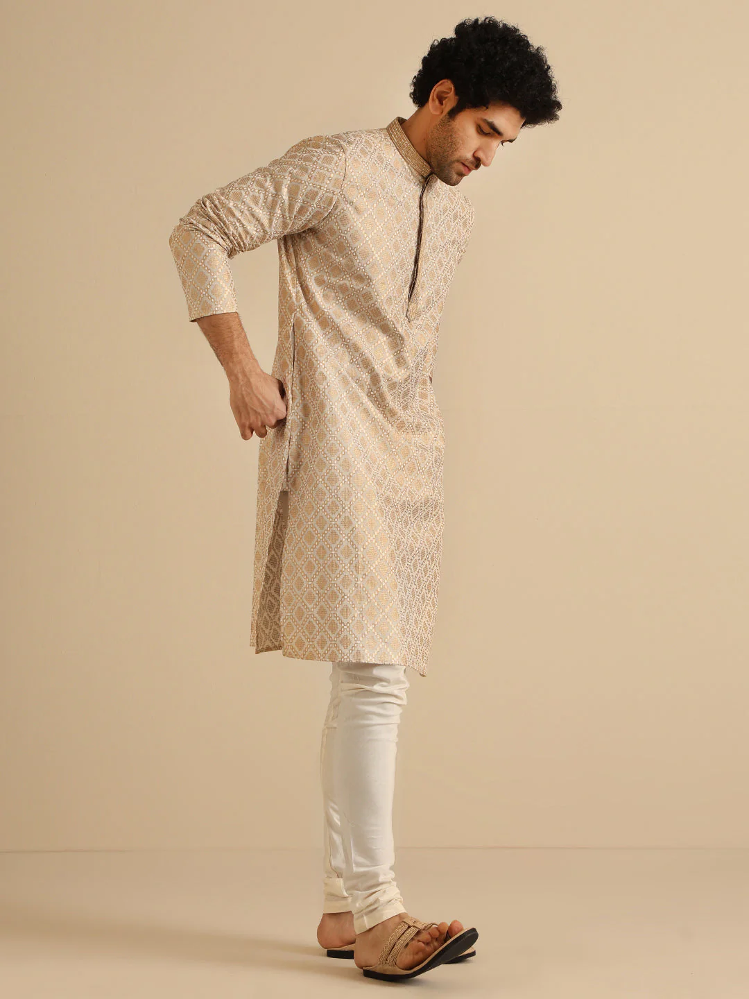 Beige Silk Blend Kurta Set with Intricate Jacquard Woven Pattern and Cream Churidar – Festive & Wedding Ensemble - Image 3