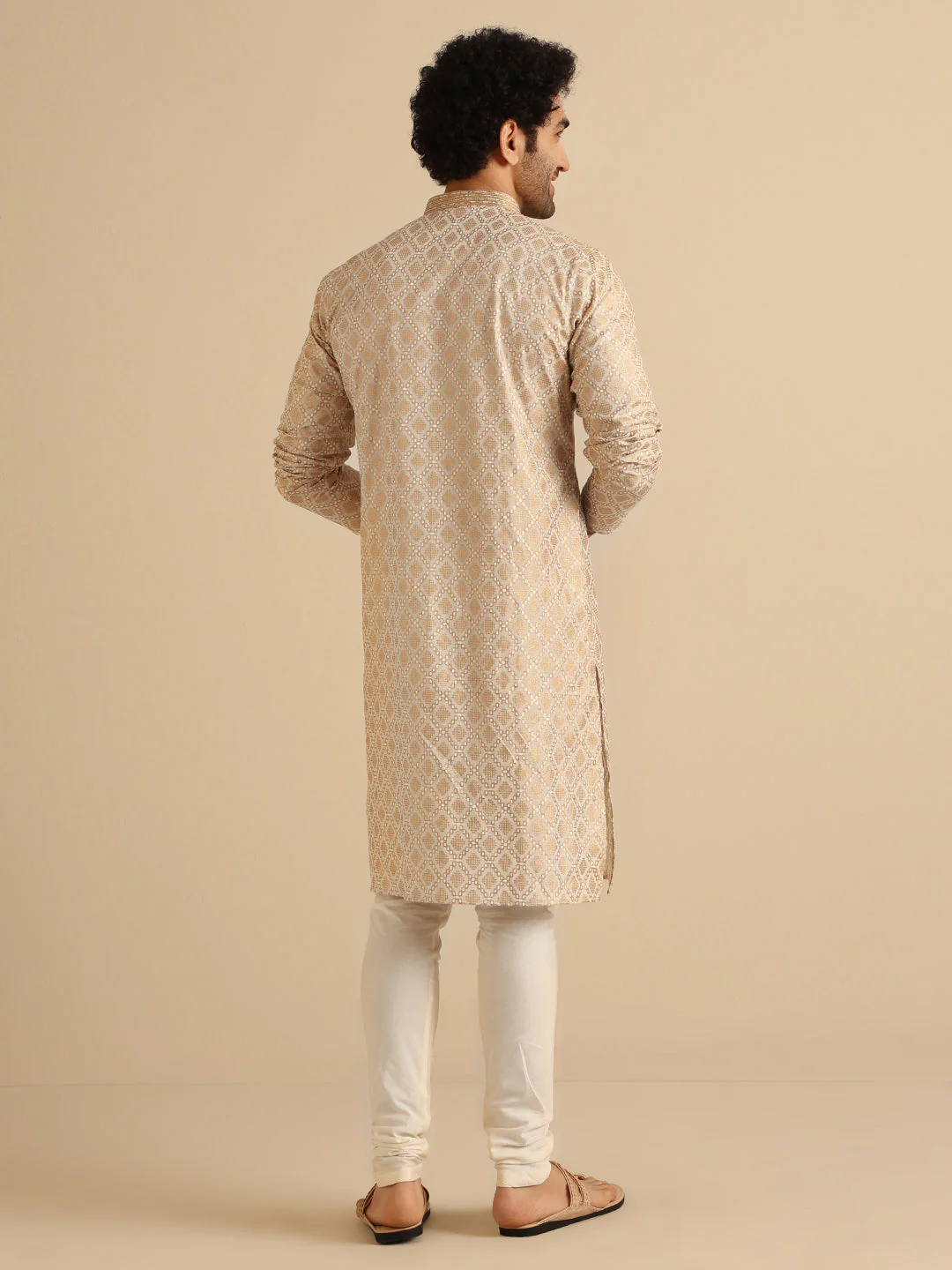 Beige Silk Blend Kurta Set with Intricate Jacquard Woven Pattern and Cream Churidar – Festive & Wedding Ensemble - Image 5