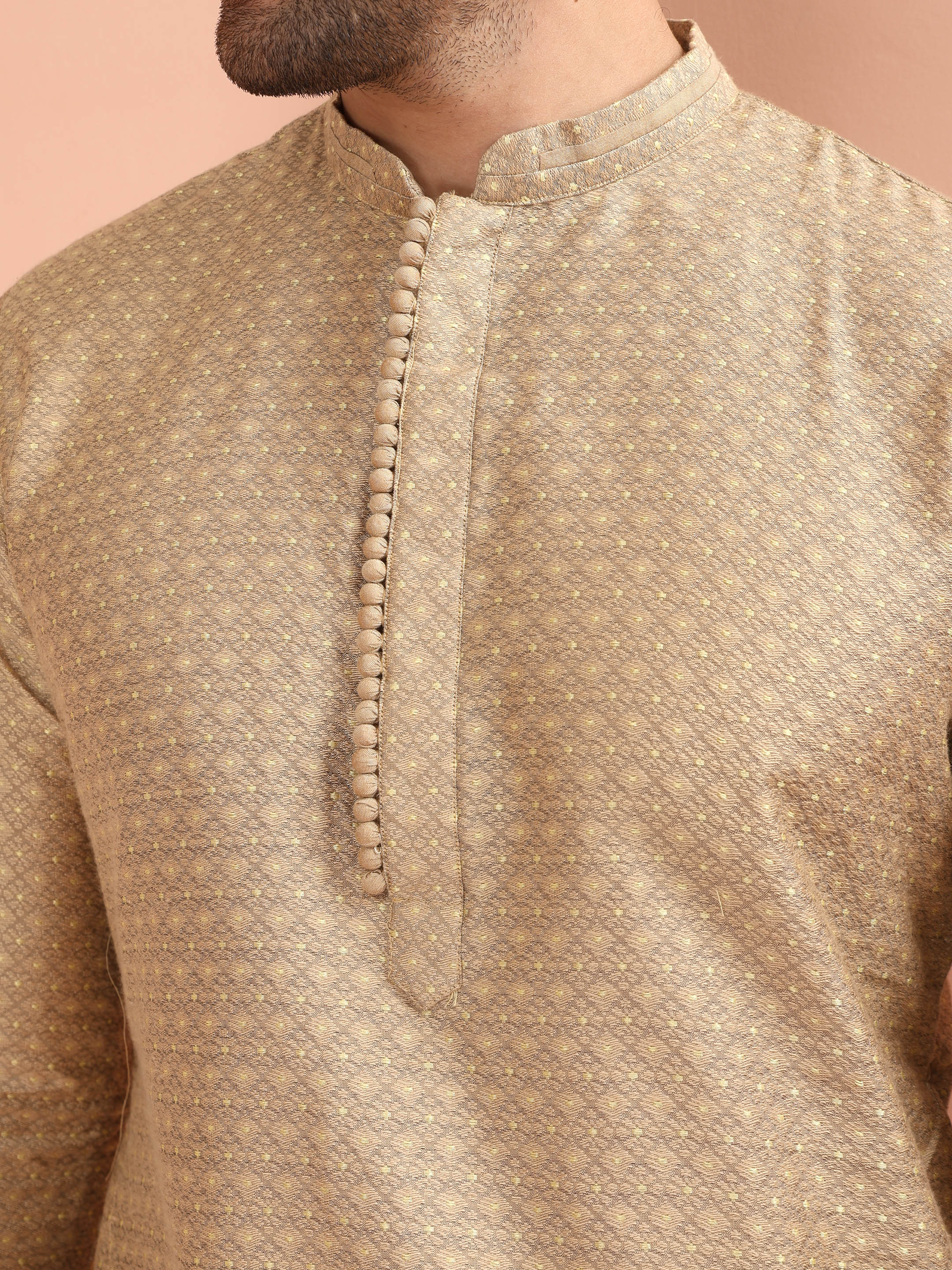 Beige Silk Blend Textured Kurta Churidar Set - Image 5