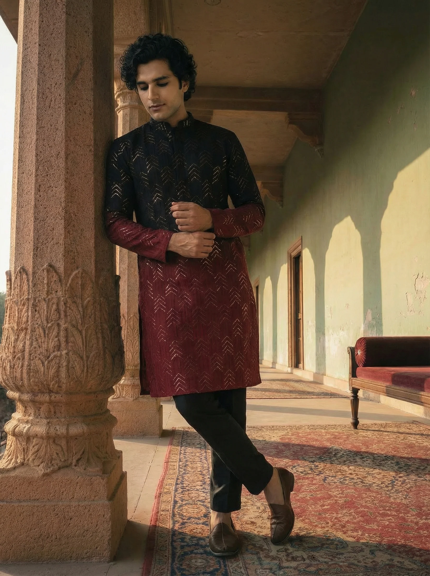 Black And Red Cotton Embellished Kurta Trouser Set